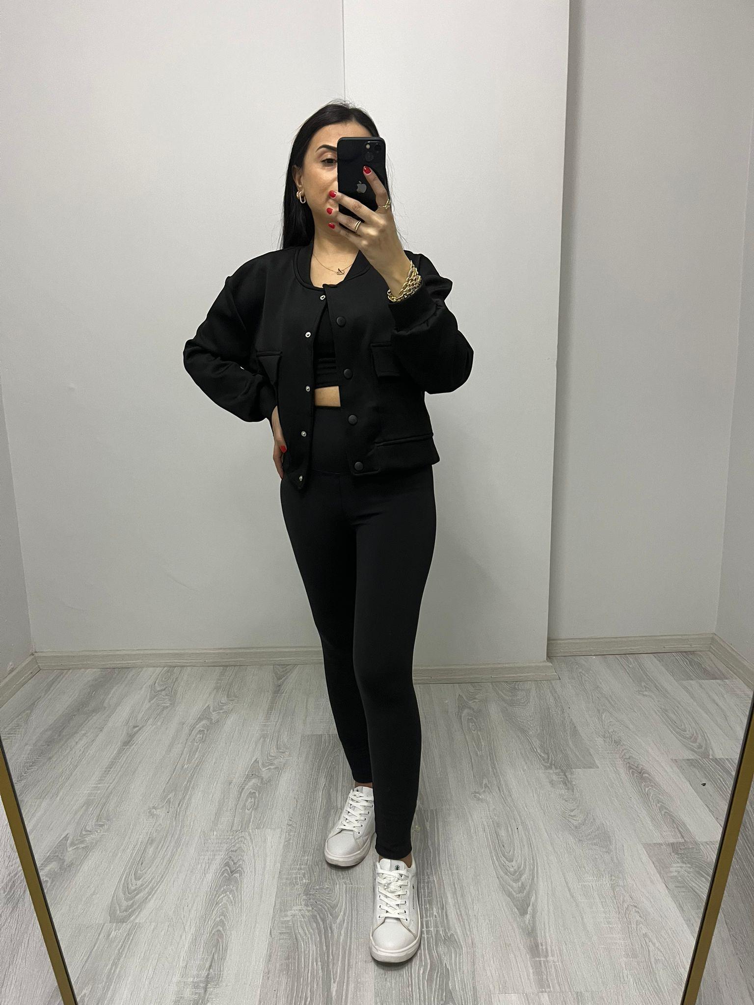 Scuba Kumaş Çıtçıtlı Cep Detaylı Bomber Ceket Siyah