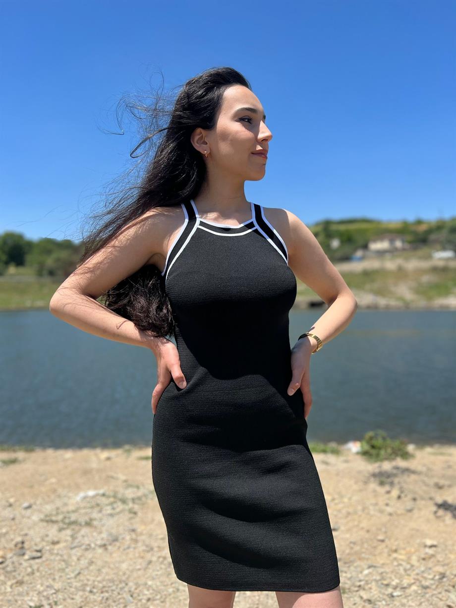 Şeritli Halter Yaka Triko Elbise Siyah