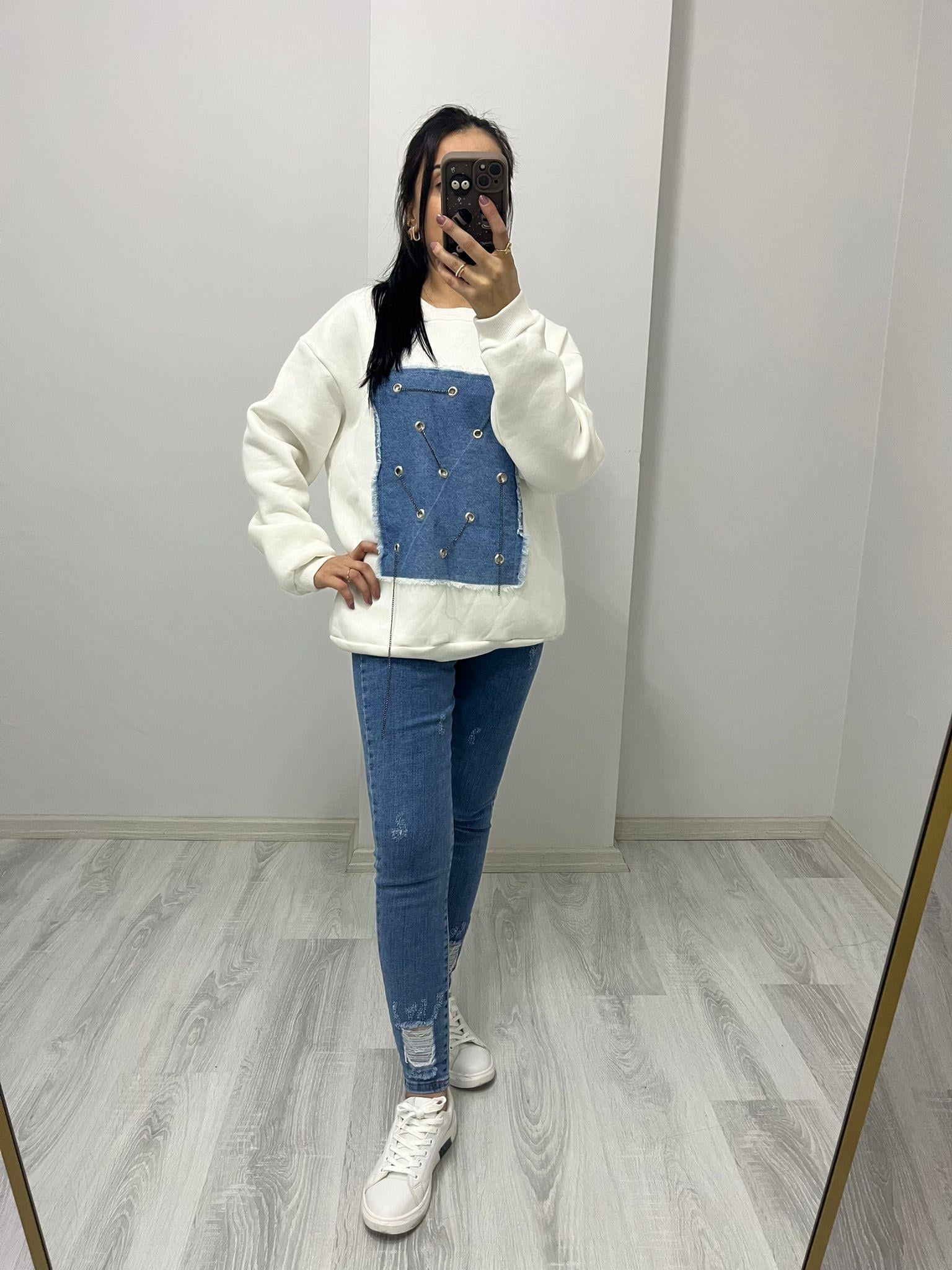 Üç İplik Denim Detay Sweatshırt Beyaz