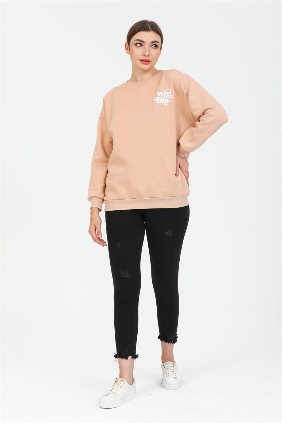 Üç İplik Kışlık Sweatshırt Bej