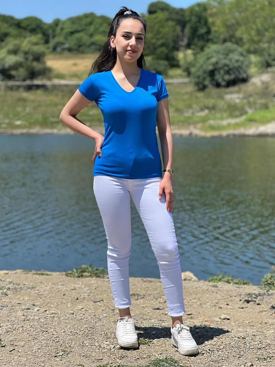 V Yaka Kısa Kollu Basic Tshırt Mavi