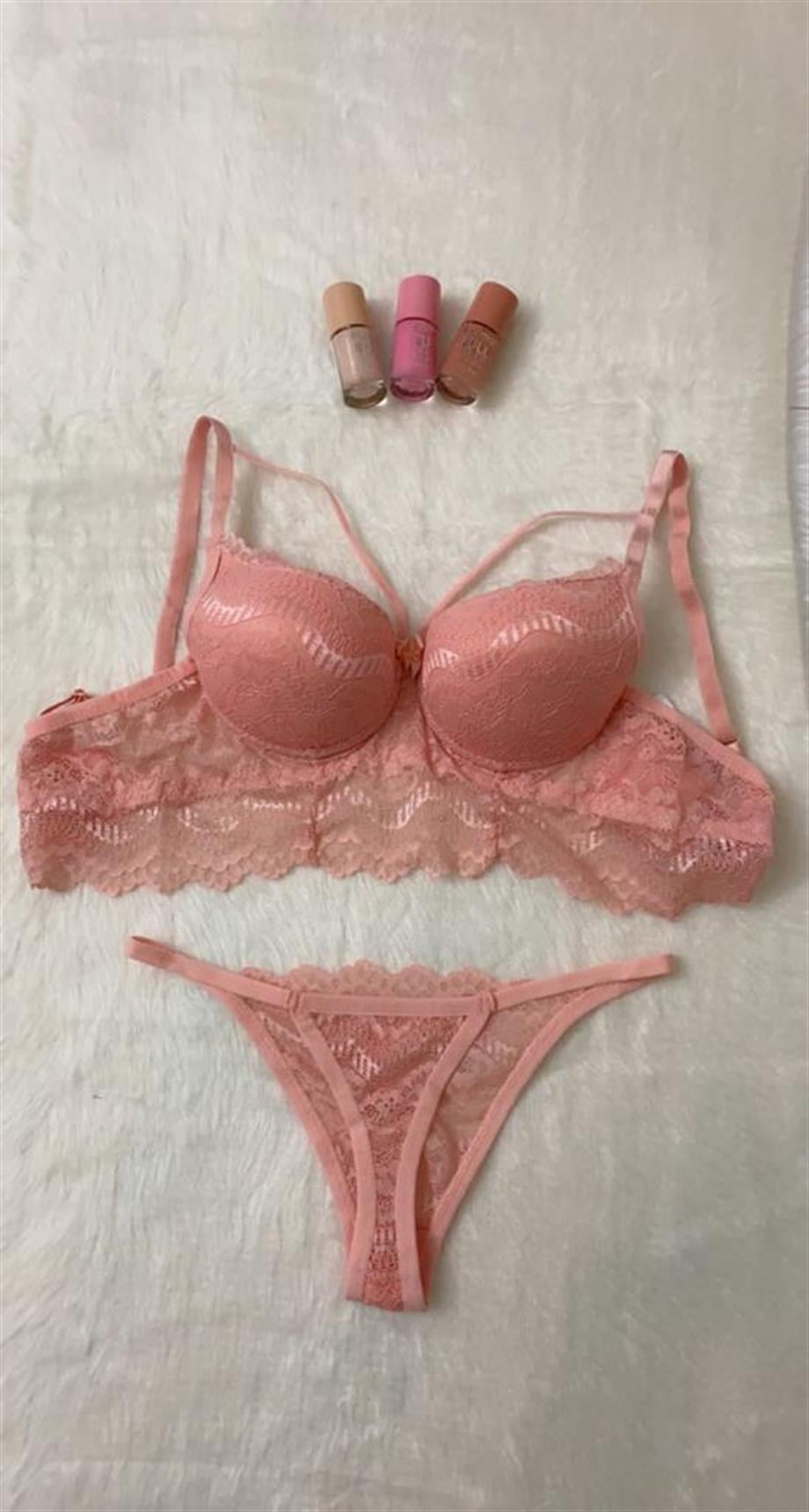 Yarım Dantelli Destekli Bralet Sütyen Takımı Somon