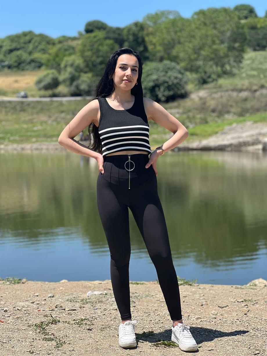 Yüksek Bel Kemer Çimalı Tayt Siyah