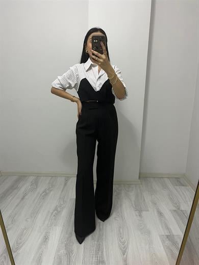 Atlas Kumaş Pensli Beli Cırt Cırtlı Palazzo Pantolon Siyah