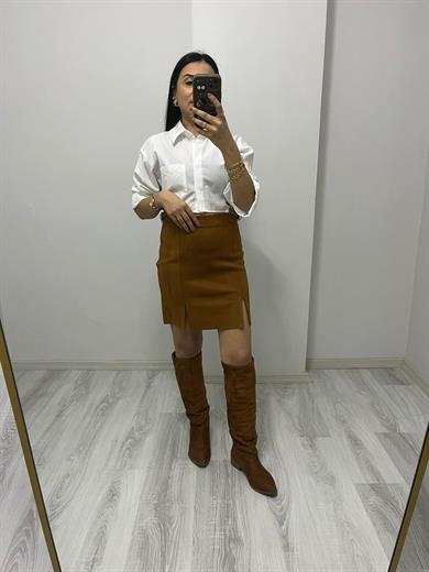 Çift Yırtmaçlı Yandan Fermuarlı Süet Etek Taba