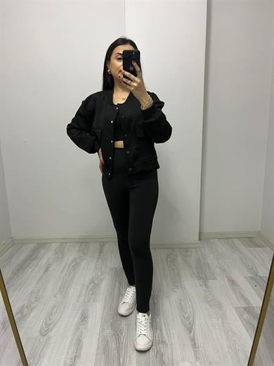 Scuba Kumaş Çıtçıtlı Cep Detaylı Bomber Ceket Siyah