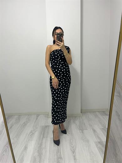 Tek Omuz Puantiyeli Elbise Siyah