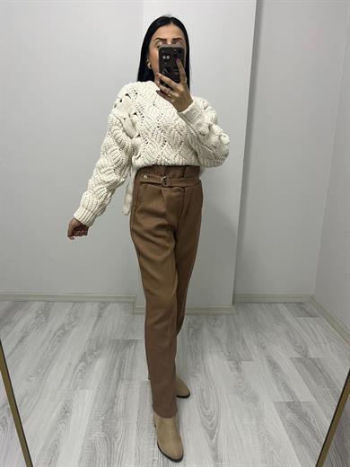 Yün Efekt Kendinden Kemer Detaylı Pantolon Camel