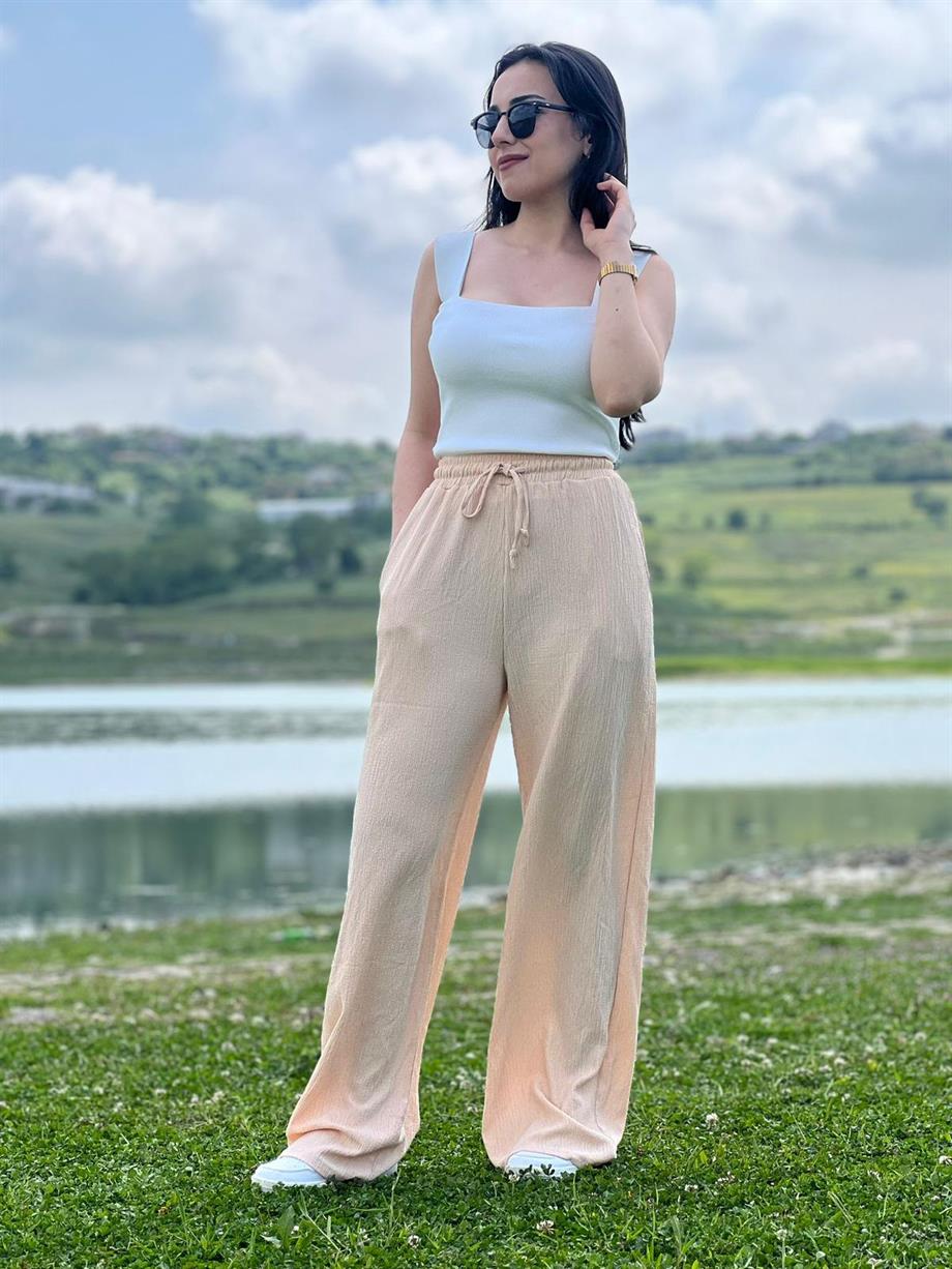 Beli Lastikli Bol Paça Bürümcük Kumaş Pantolon Taş