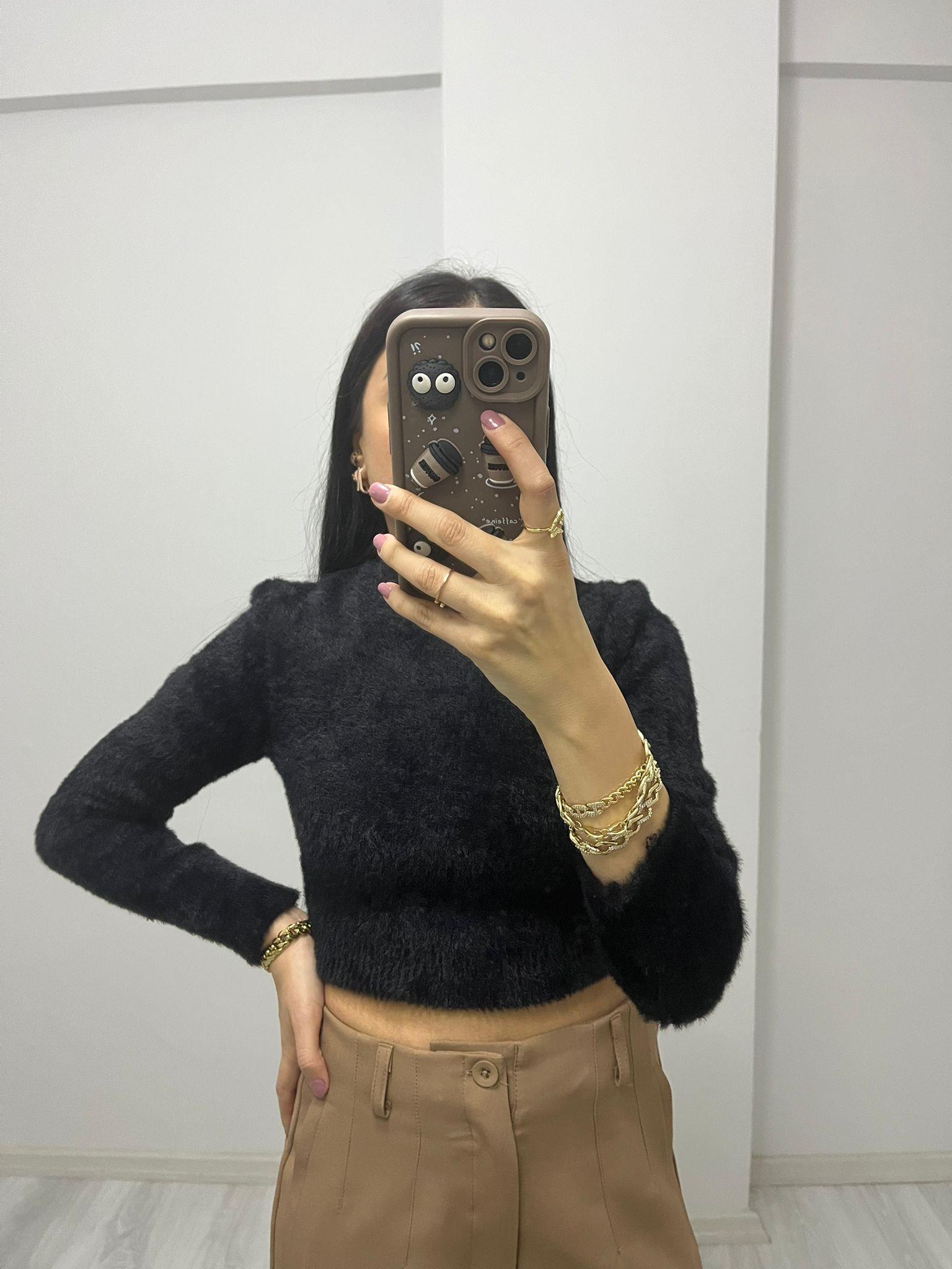 Bisiklet Yaka Sakallı Crop Kazak Siyah