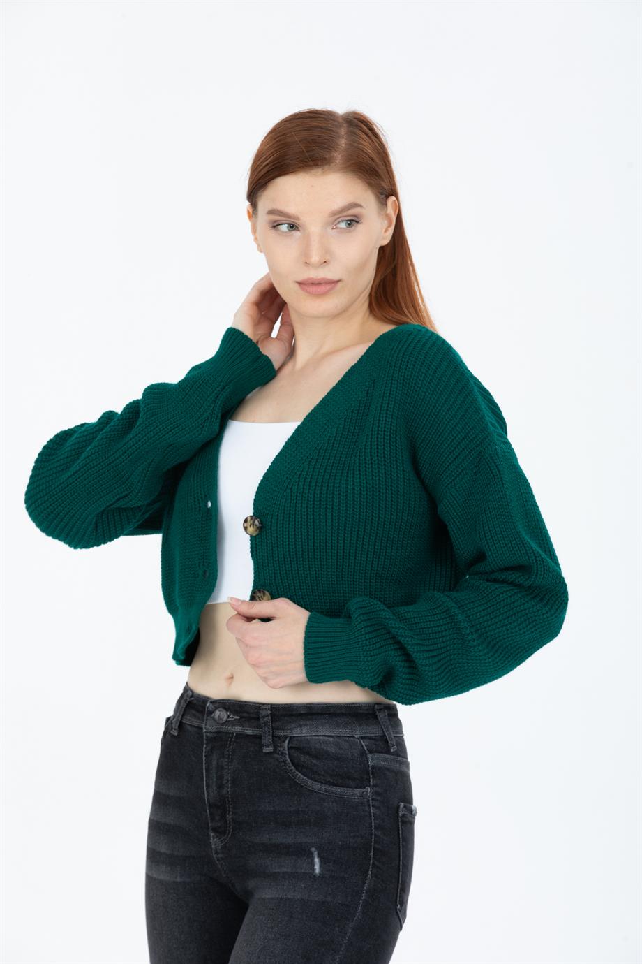 Düğme Detaylı Oversize Crop Hırka Yeşil