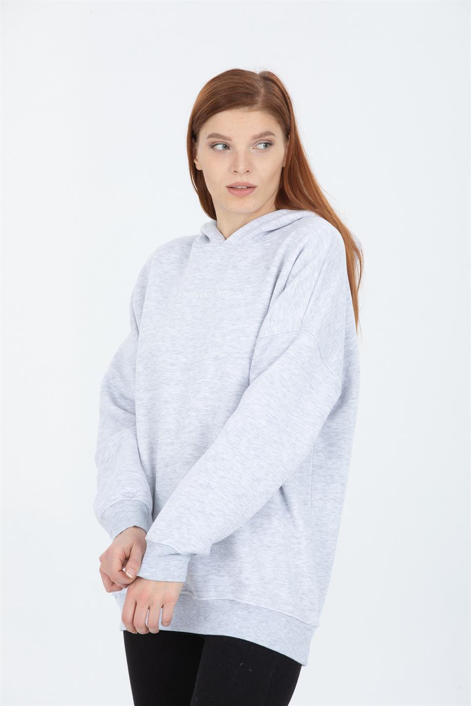 Kapüşonlu Ön Arka Baskılı Sweat Gri
