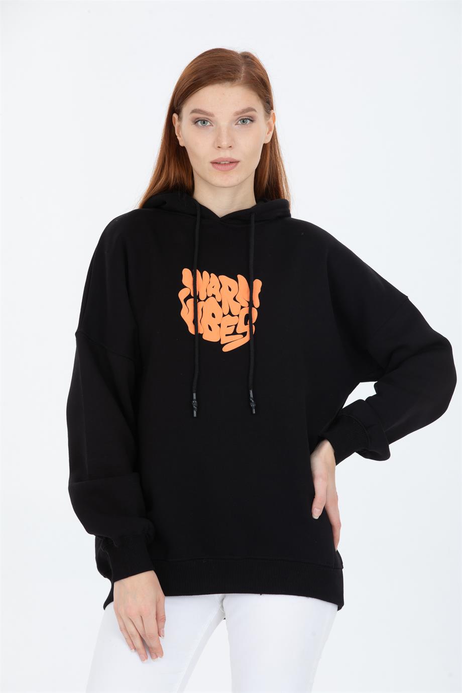 Kapüşonlu Ön Arka Baskılı Sweatshırt Siyah