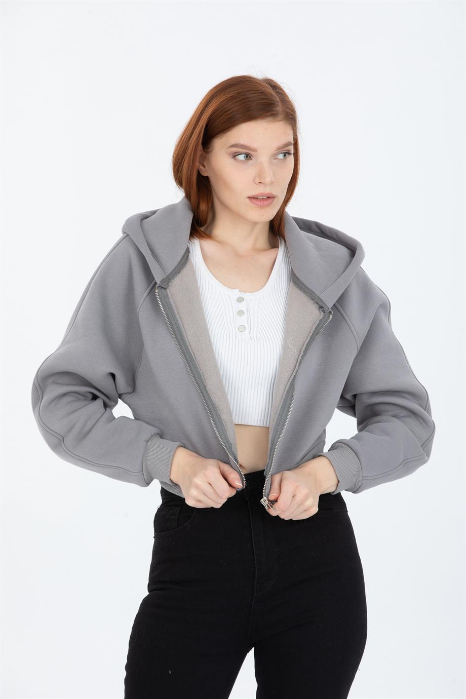 Kapüşonlu Reglan Kol Fermuarlı Sweat Gri