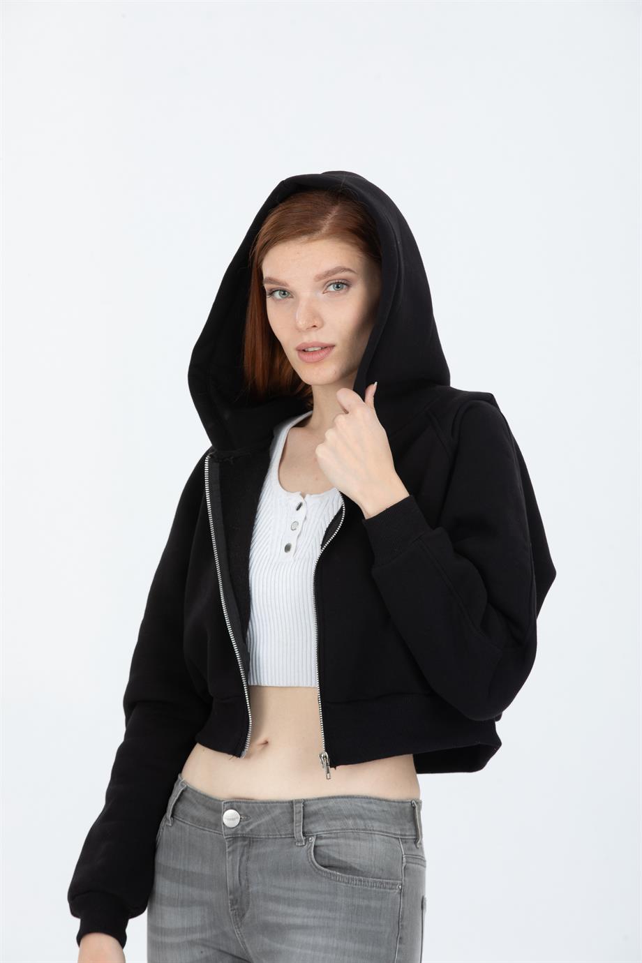 Kapüşonlu Reglan Kol Fermuarlı Sweat Siyah