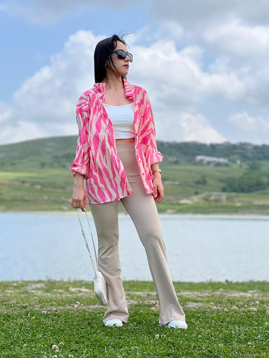 Oversize Baskılı Gömlek Pembe