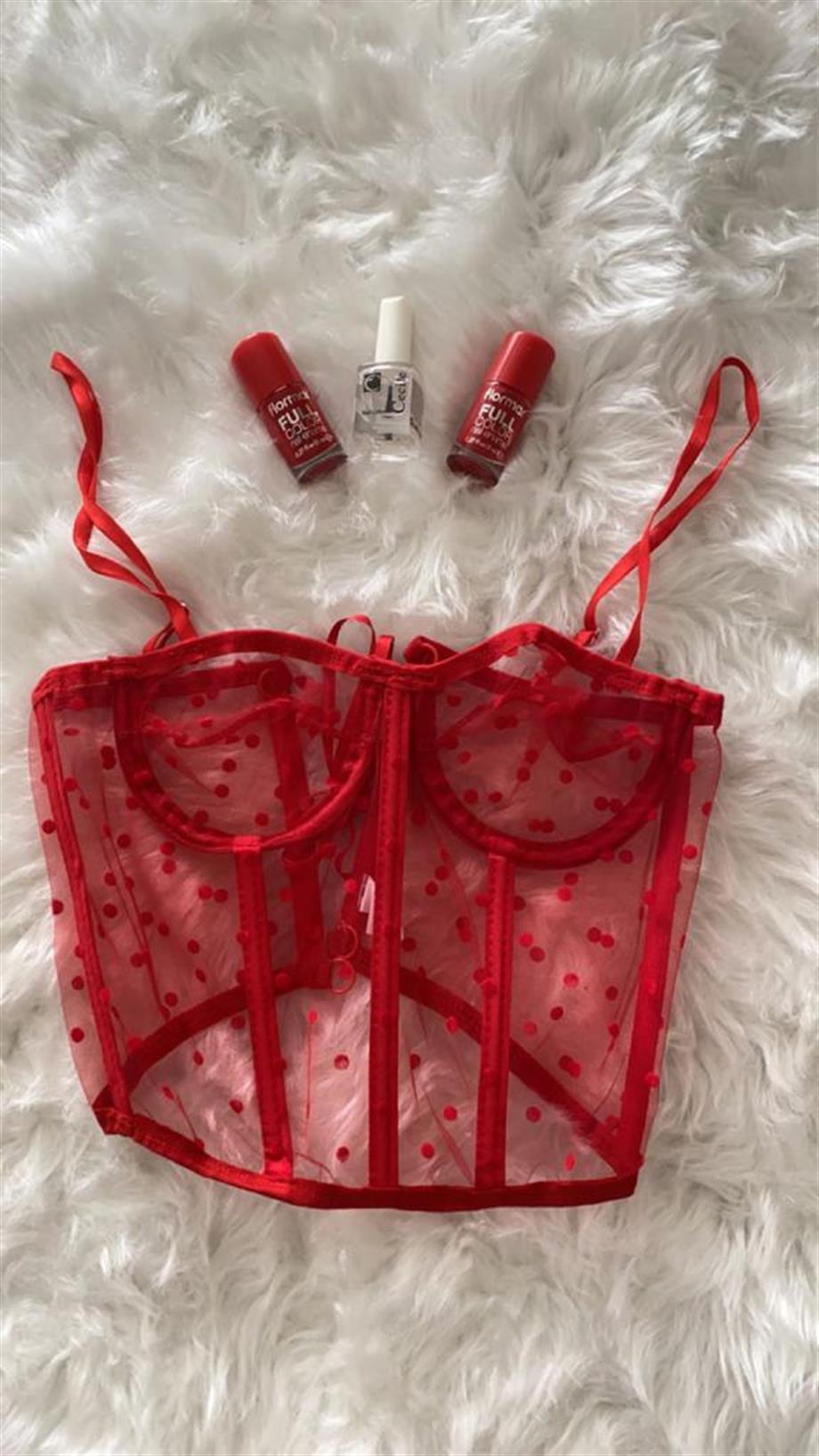 Puantiyeli Transparan Askılı Büstiyer Kırmızı