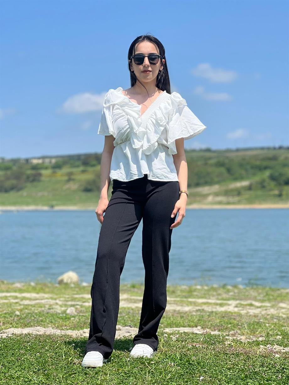 V Yaka Aller Poplin Bluz Beyaz