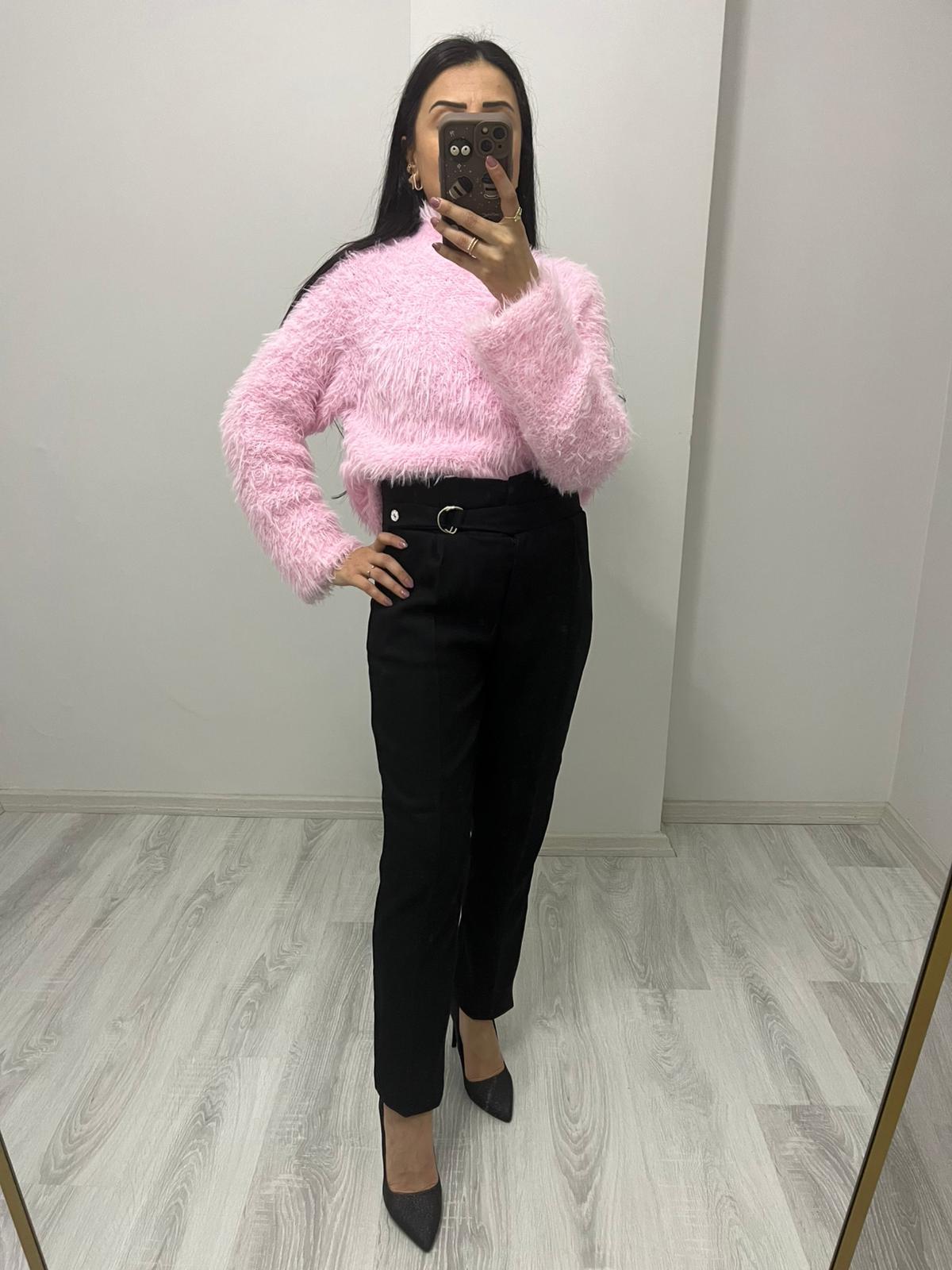 Yün Efekt Kendinden Kemer Detaylı Pantolon Siyah