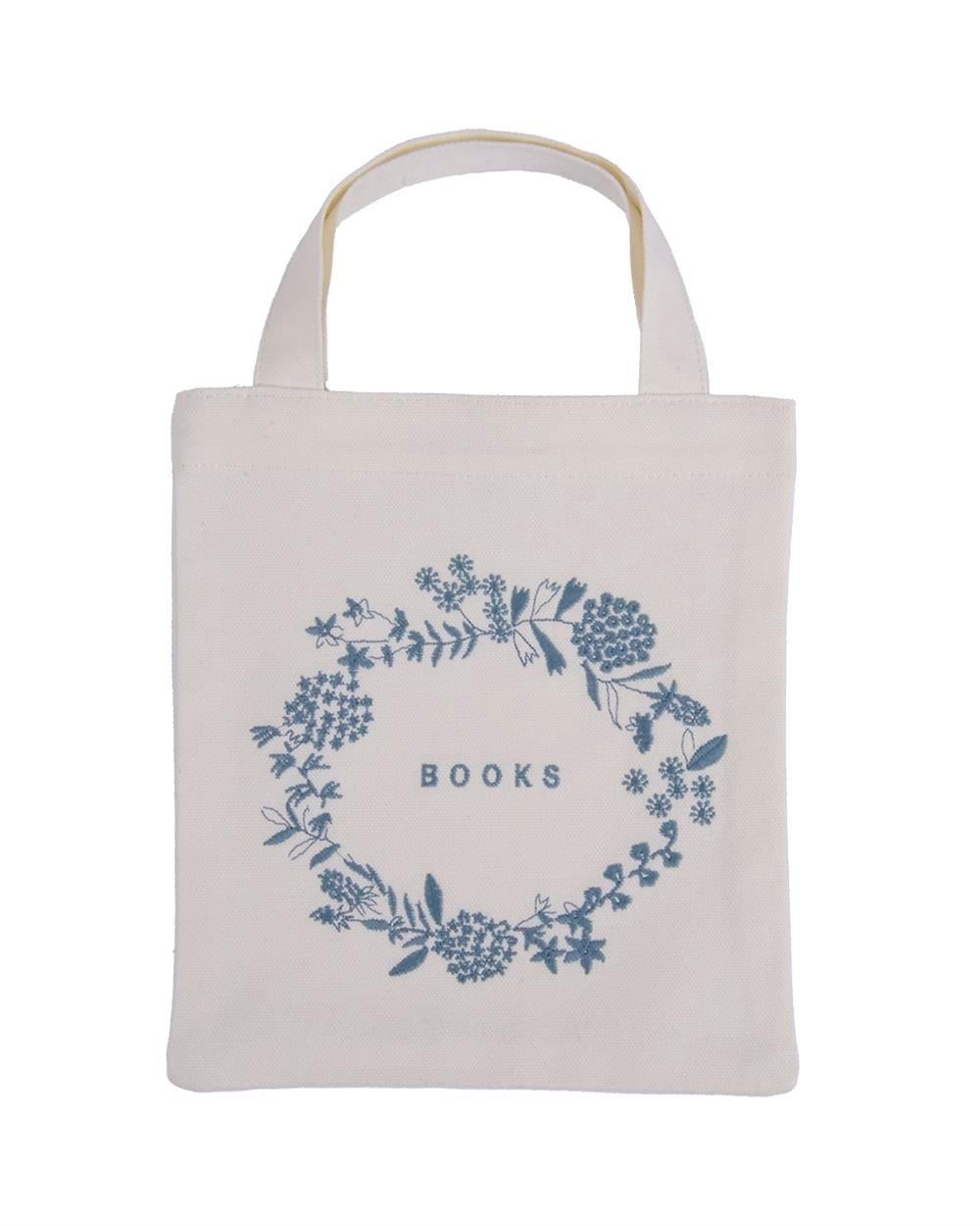 Naturel Kanvas Kitap Çantası Mavi Nakış