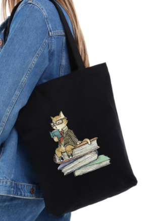 Kitap Okuyan Kedi Baskılı Siyah Kanvas Çanta