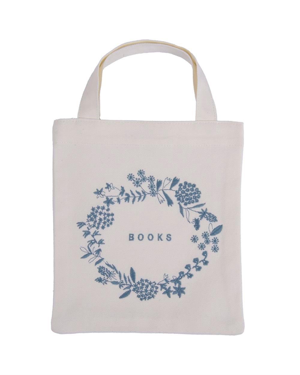 Naturel Kanvas Kitap Çantası Mavi Nakış