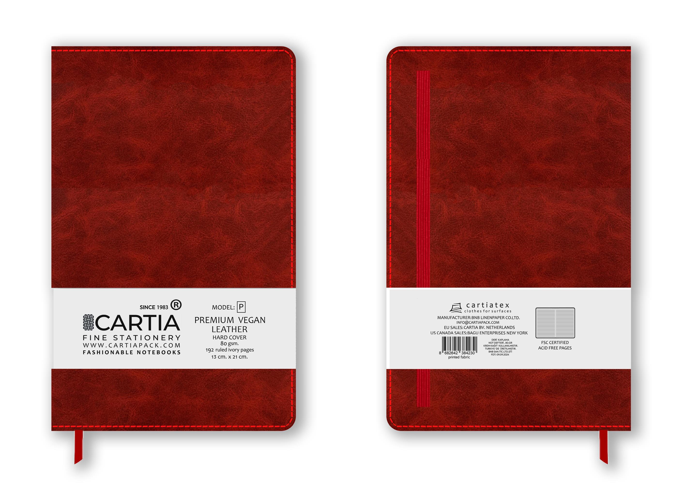 Premium Vegan Deri Kırmızı Not Defteri Çizgili Sert Kapak 13x21