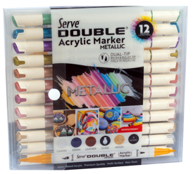 Serve Double Akrilik Markor Fırça Ve Keçeli Uc Metalik 12Li