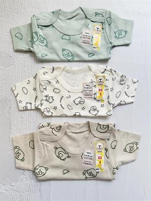 3'lü Kuzu ve Civciv Baskılı İnterlok Zıbın, Unisex %100 Pamuklu, Çıt Çıtlı Badi