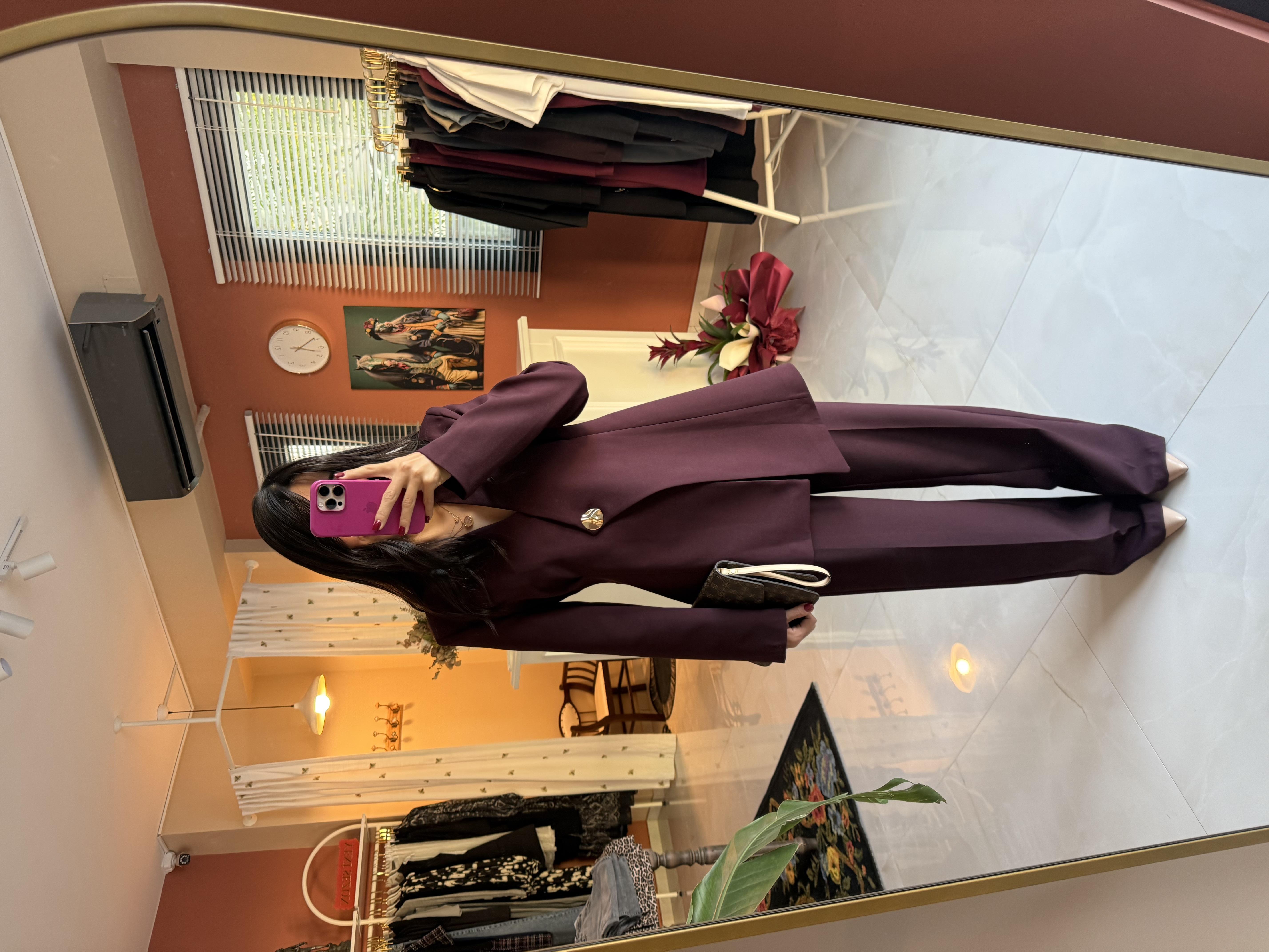 Asimetrik Kesim Mürdüm Blazer Takım 