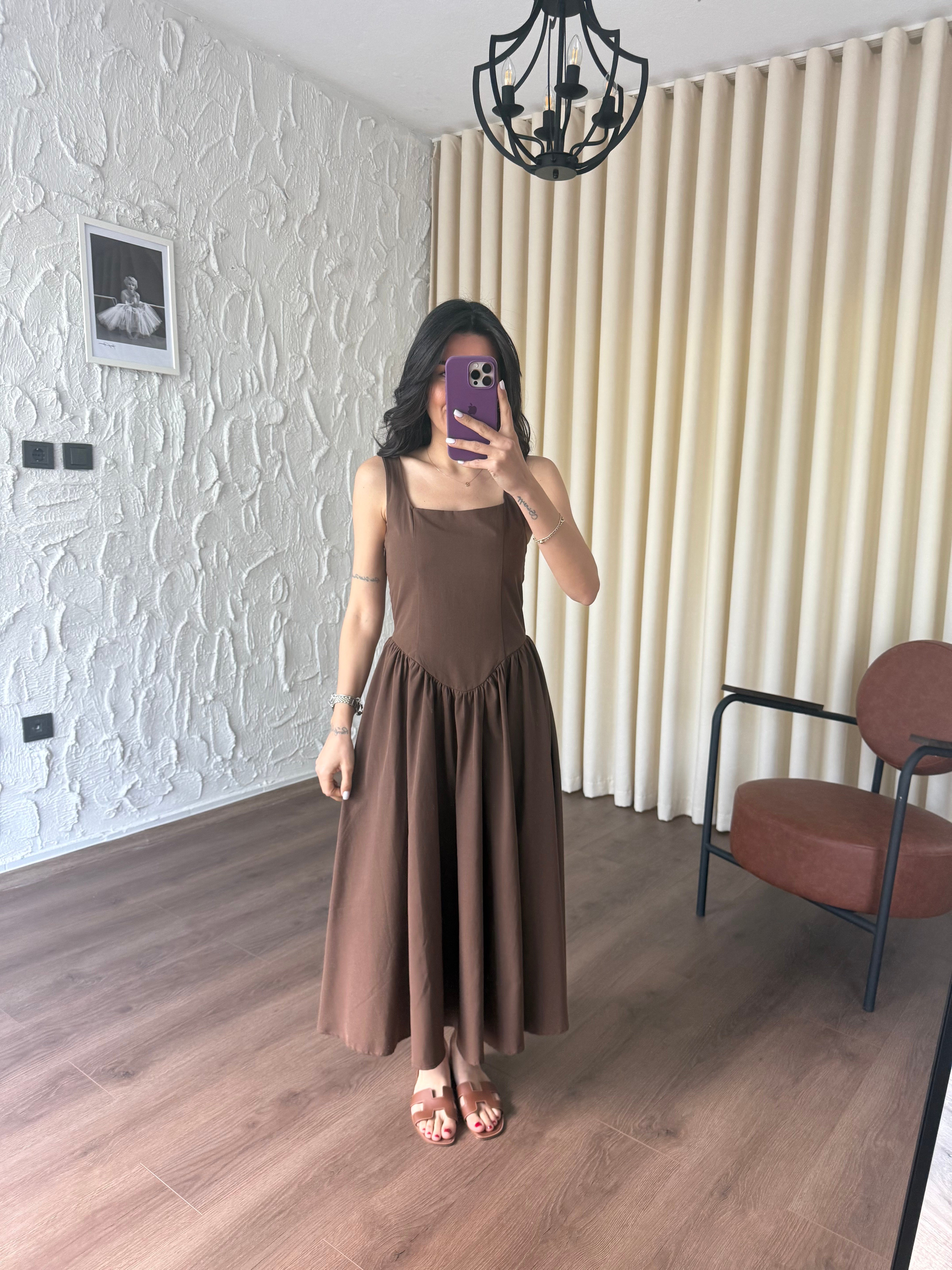 Askılı Korse Model Kahve Elbise