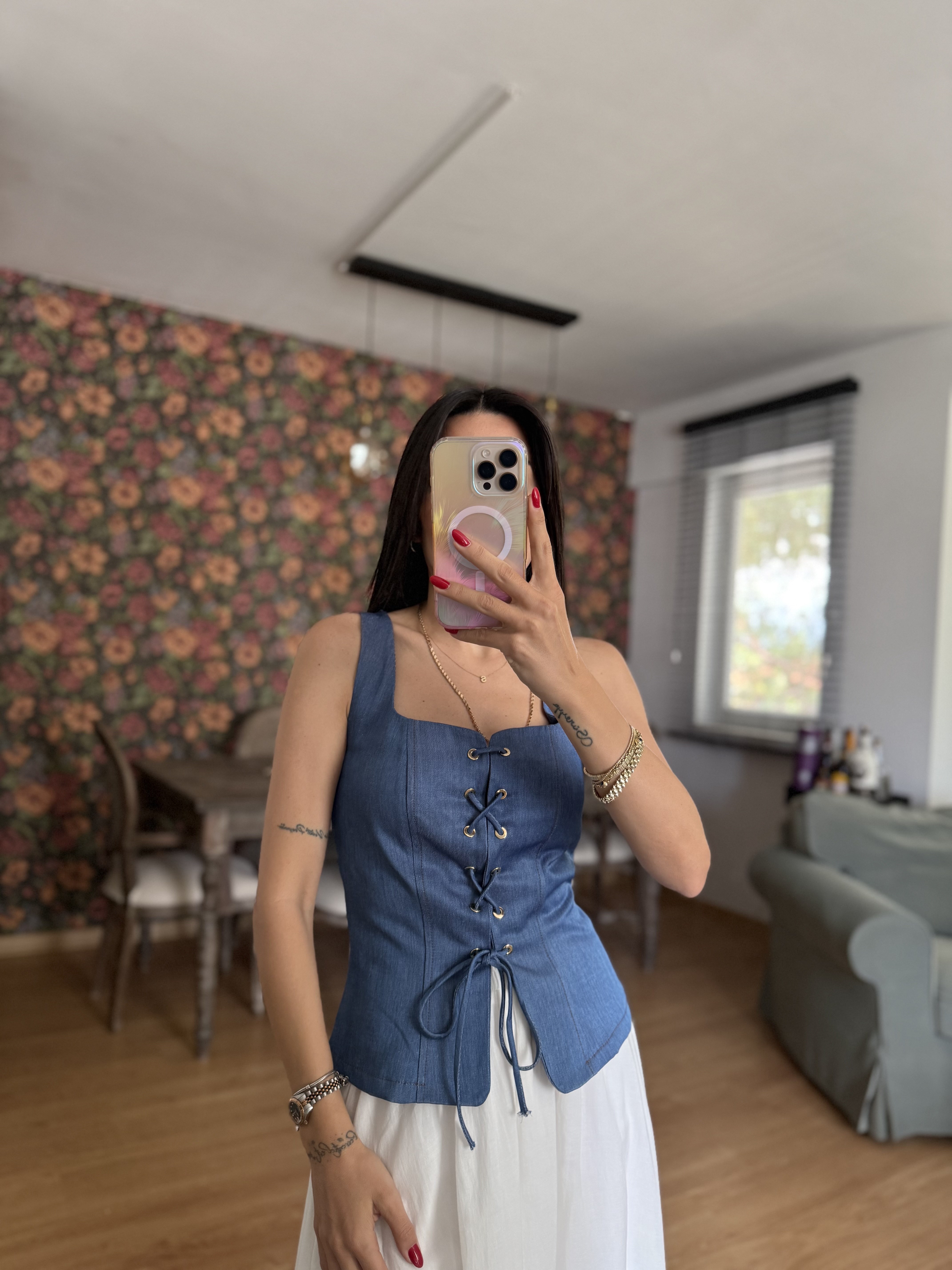 Bağcıklı Tensel Kot Mavi Büstiyer Bluz