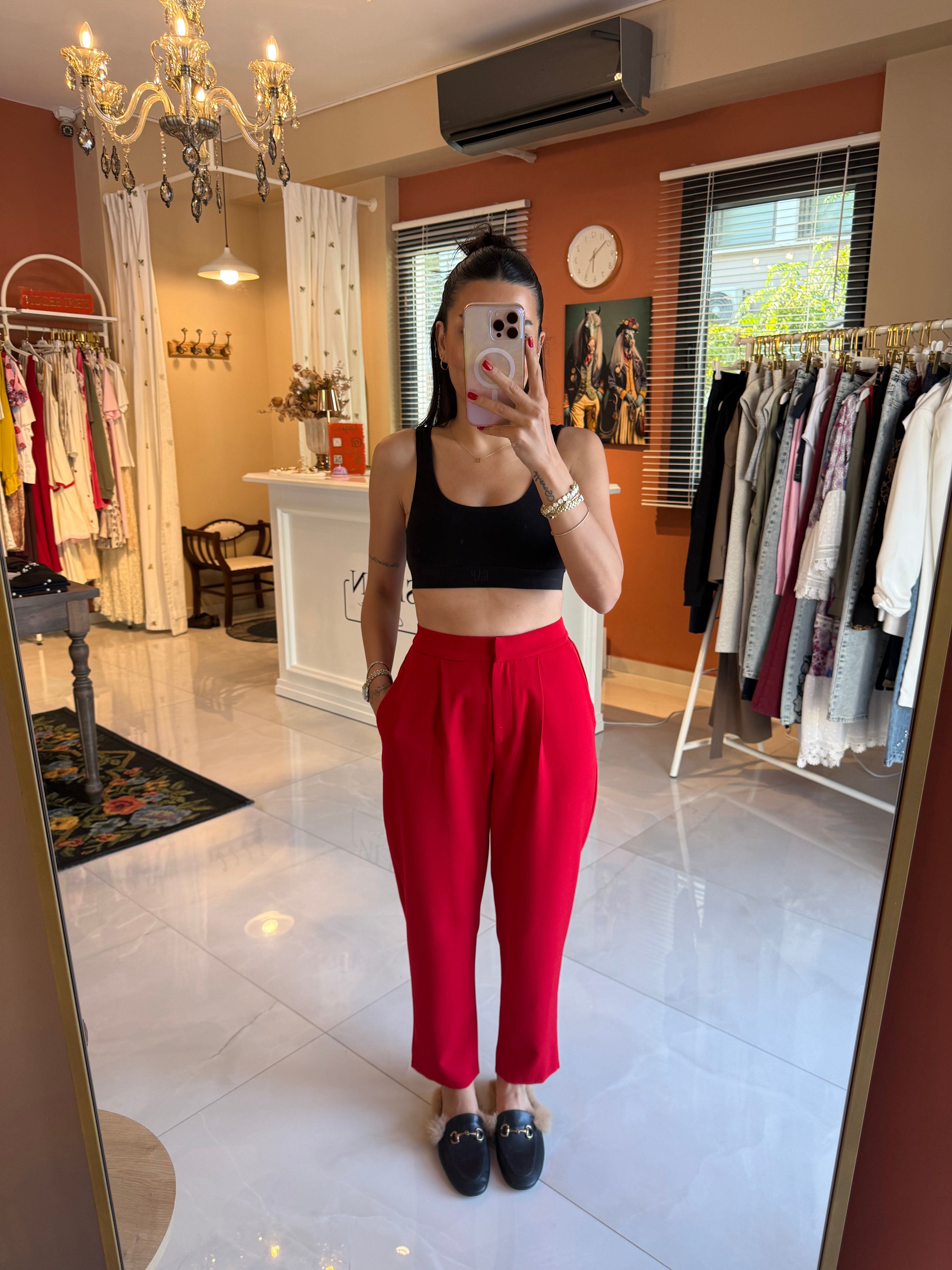 Beli Lastikli Kırmızı Havuç Model Pantolon
