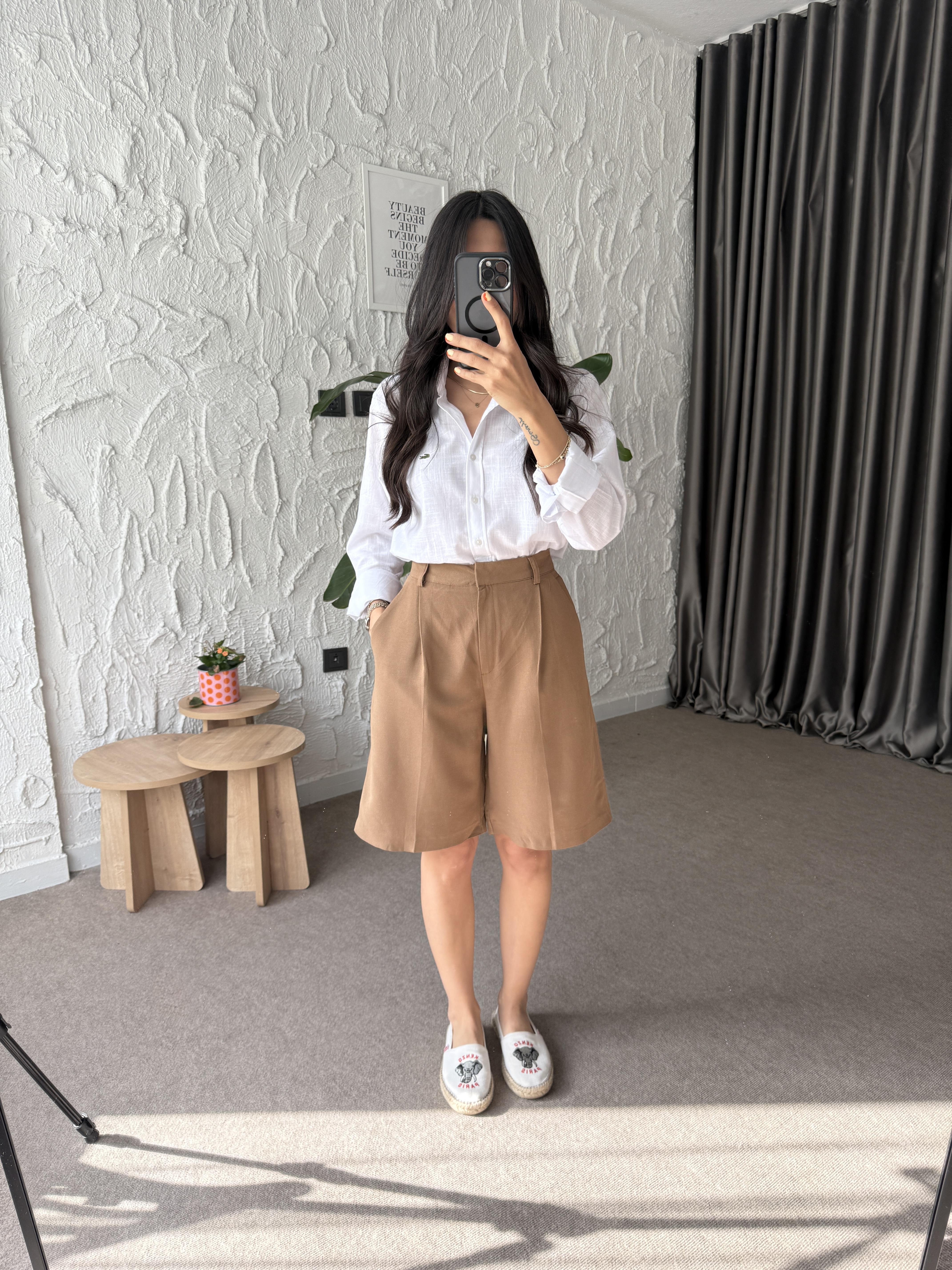 Bermuda Keten Şort - Kahverengi