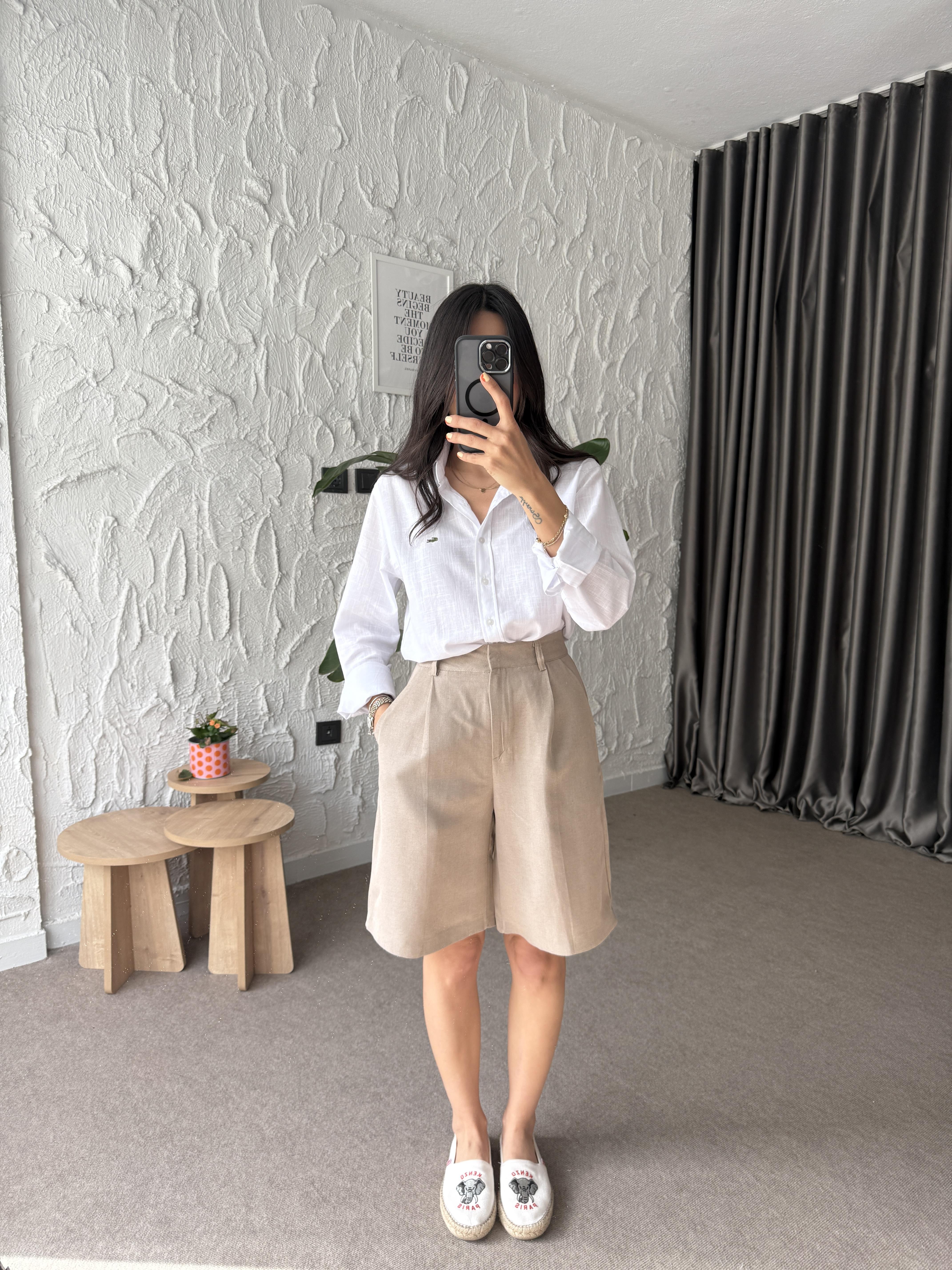 Bermuda Keten Şort - Vizon