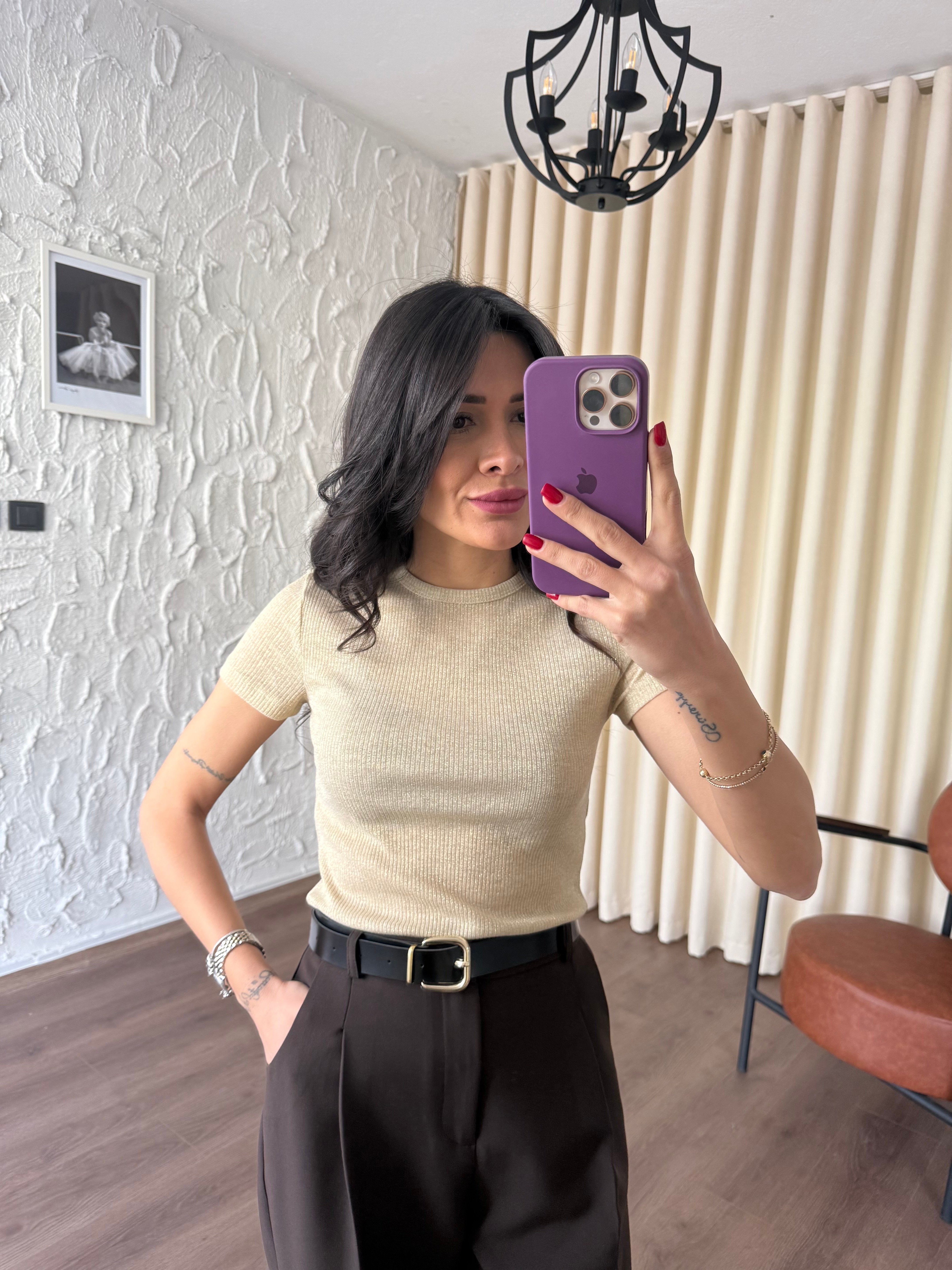 Bisiklet Yaka Simli Bej Tshirt