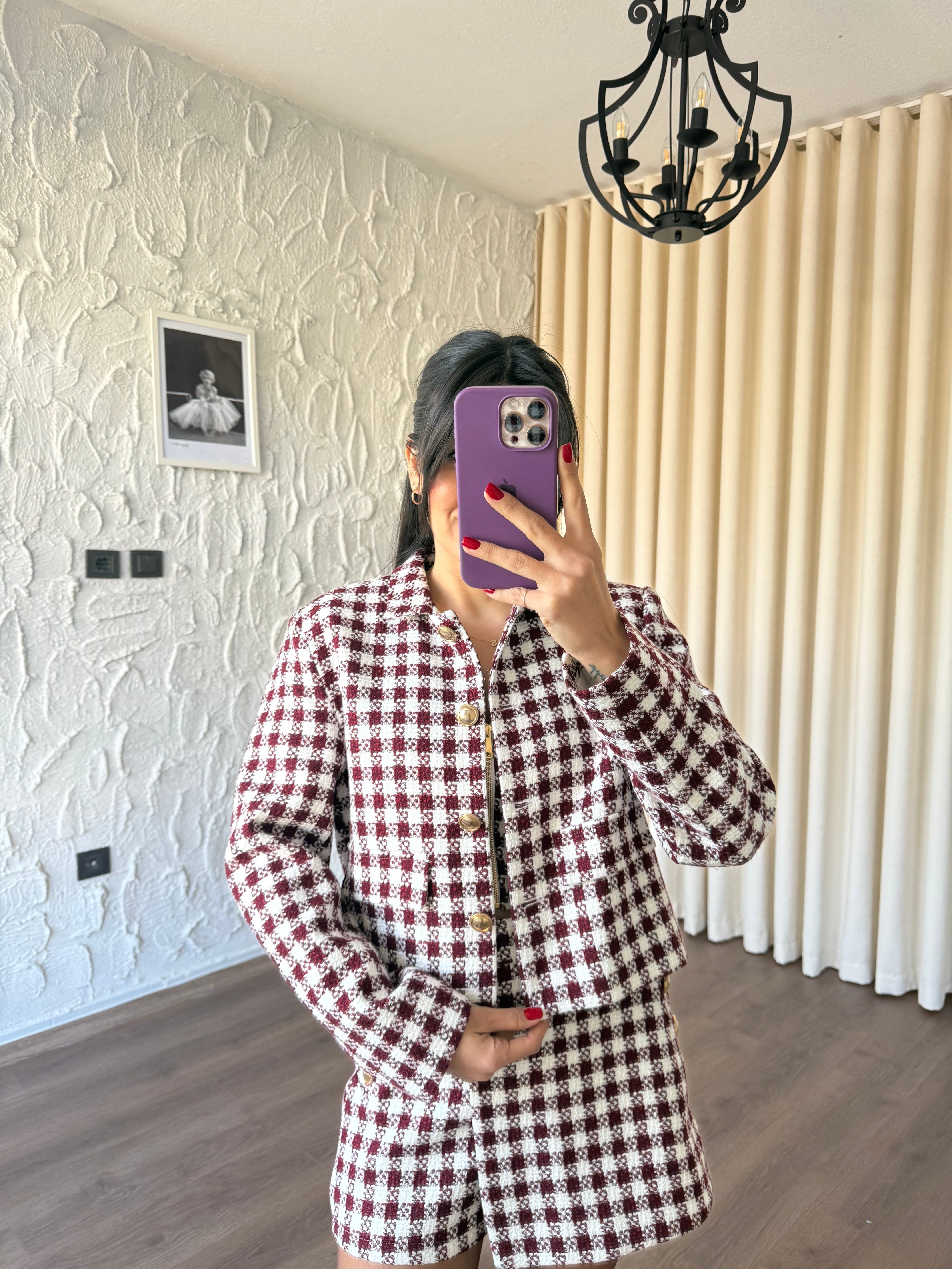 Bordo Pötikareli Tüvit Ceket