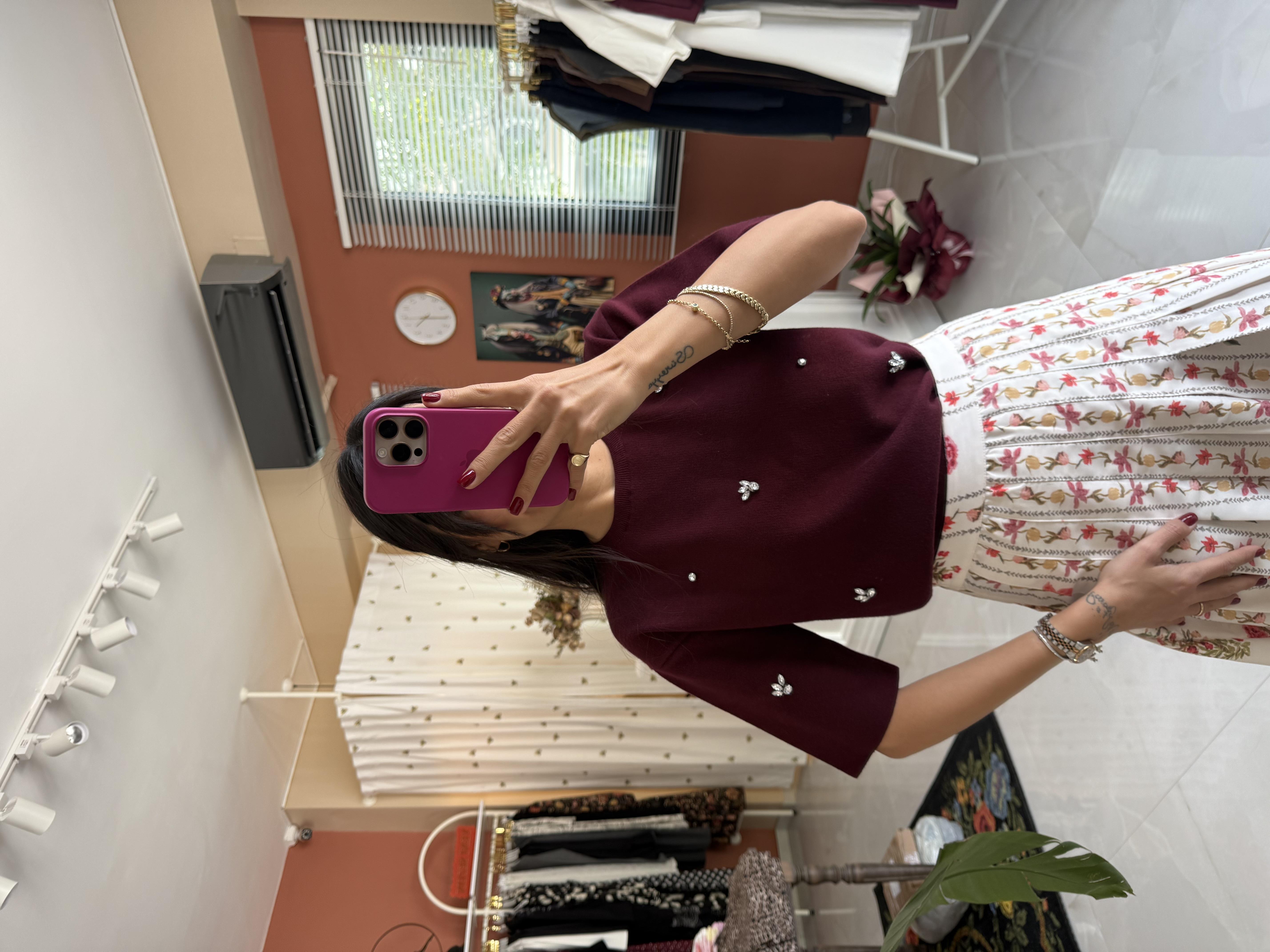 Bordo Taş Detaylı Kısa Kol Triko