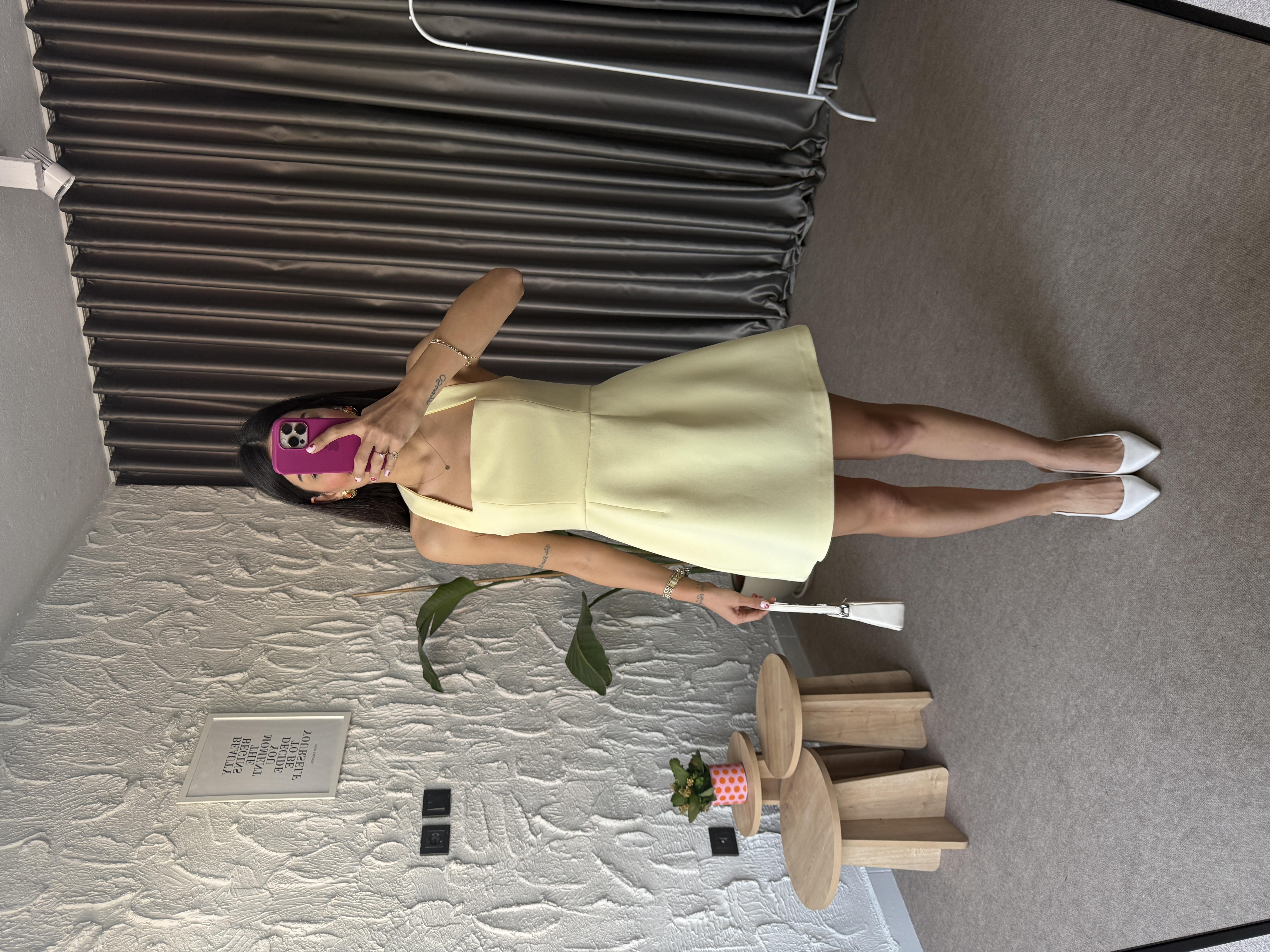 Boyundan Askılı Mini Elbise - Sarı