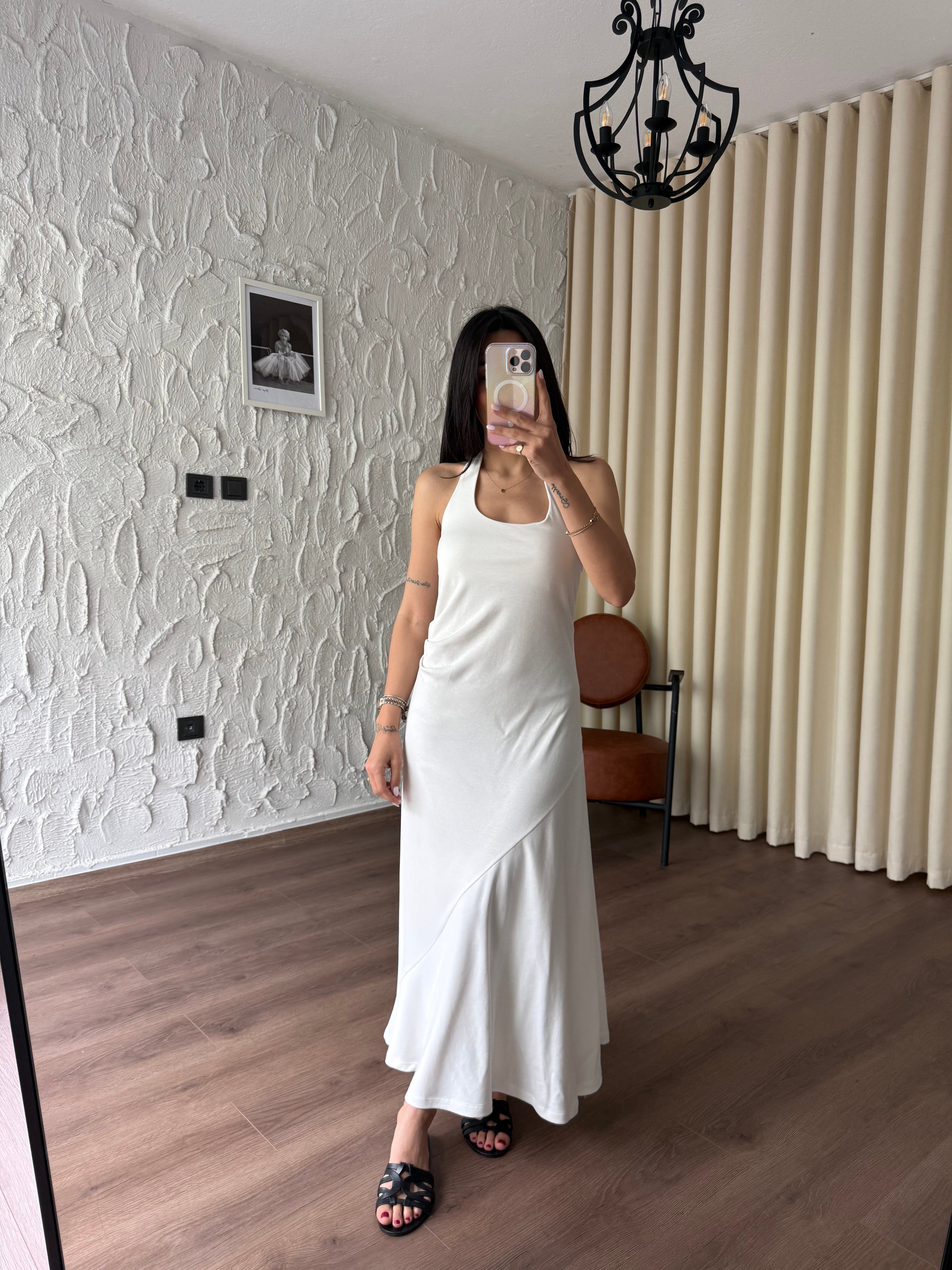 Boyundan Bağlamalı Parçalı Etek Model Ekru Elbise
