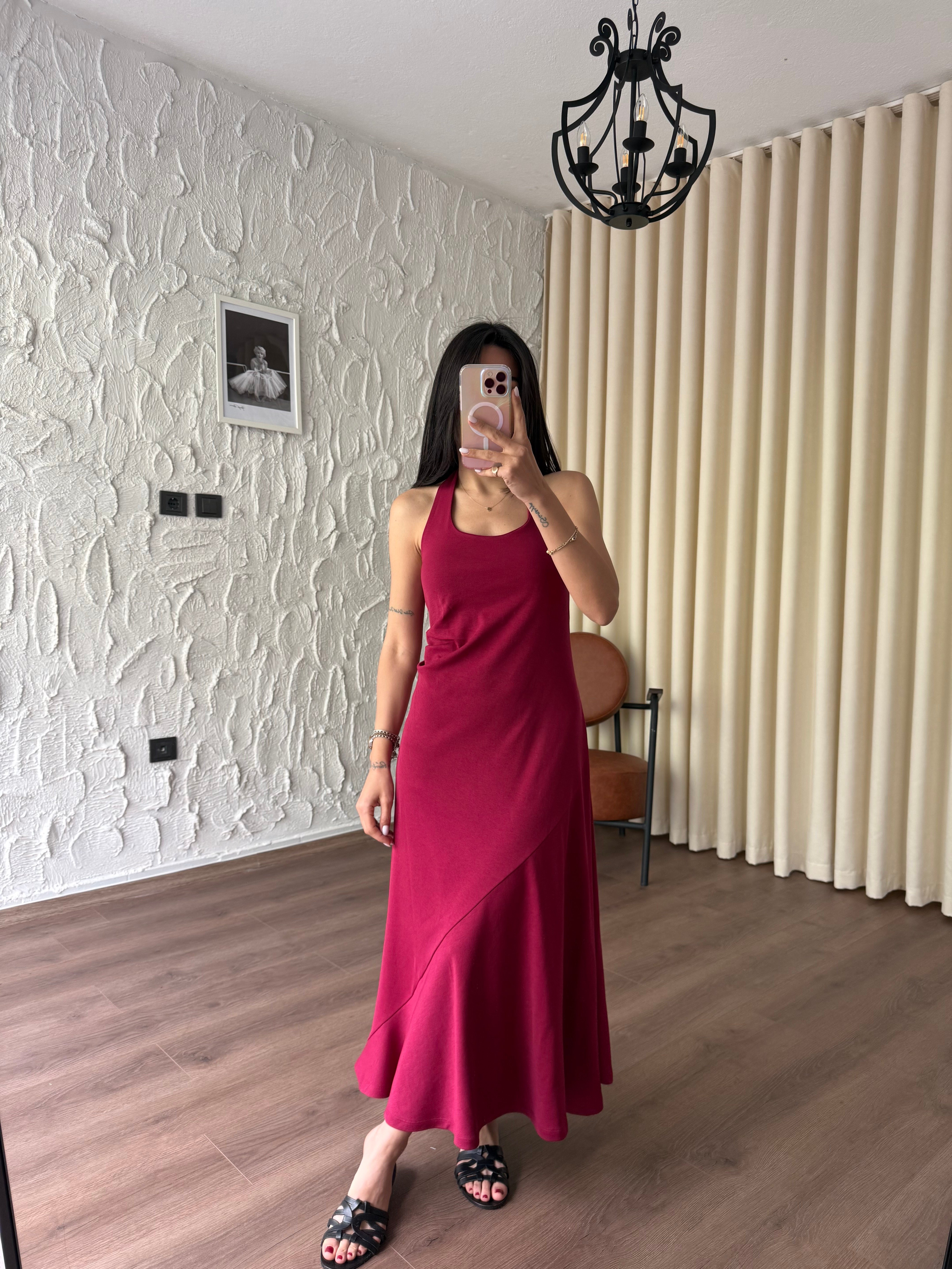 Boyundan Bağlamalı Parçalı Etek Model Bordo Elbise