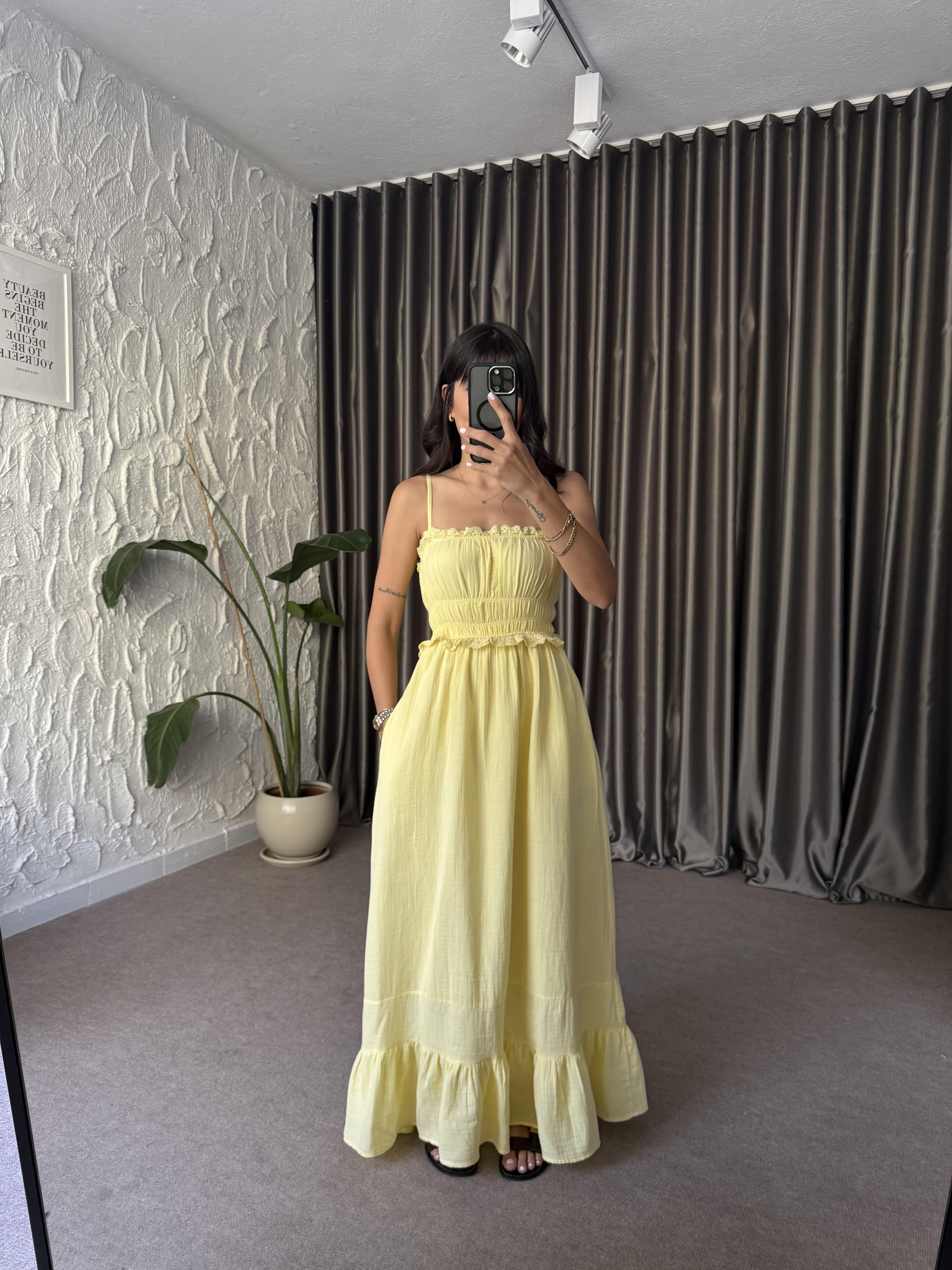 Fisto Detaylı Müslin Elbise - Sarı