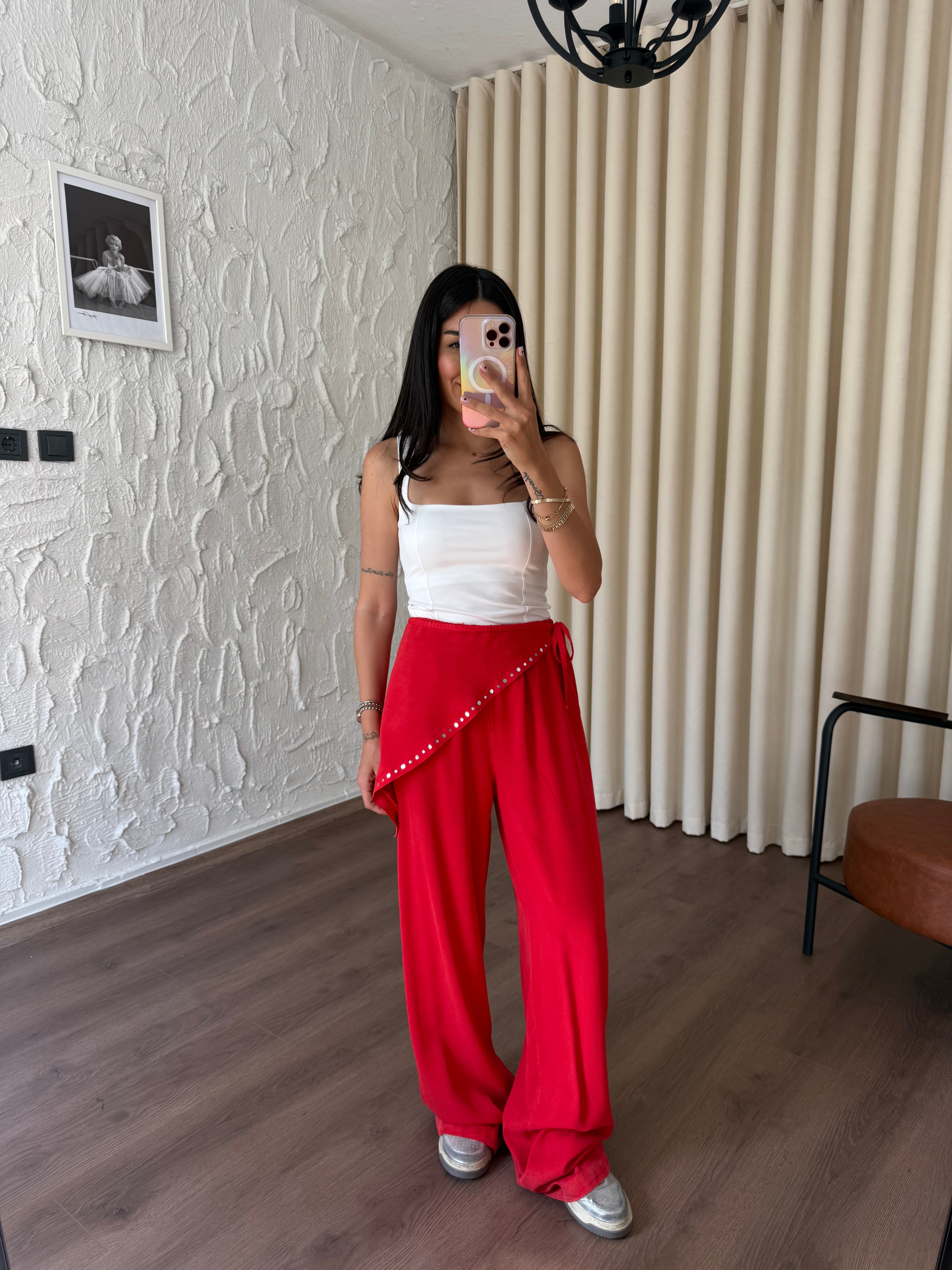 Fular Detaylı Nar Çiçeği Pantolon