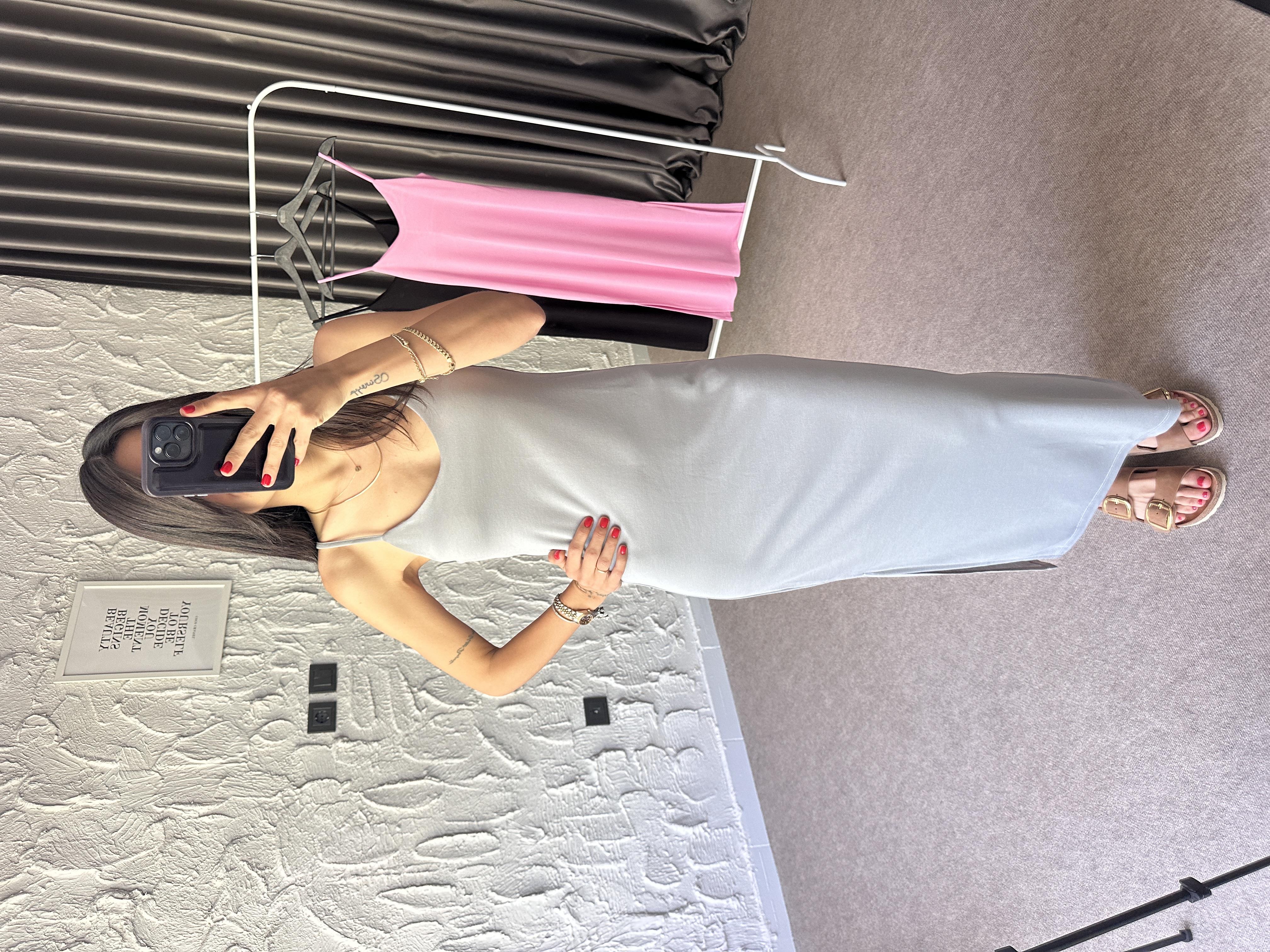 Gri İp Askılı Midi Elbise