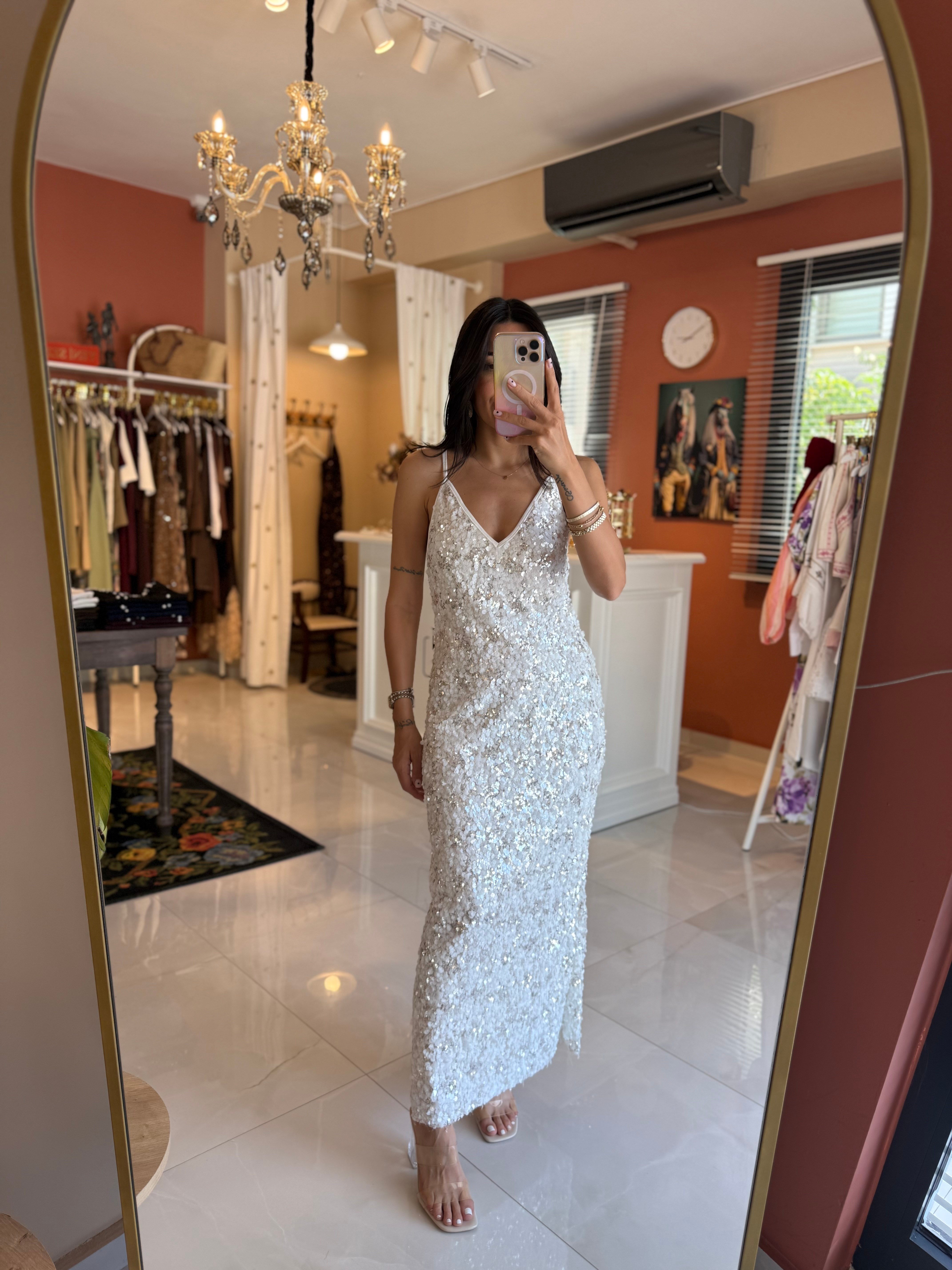 Gümüş Beyaz Maxi Payetli Elbise