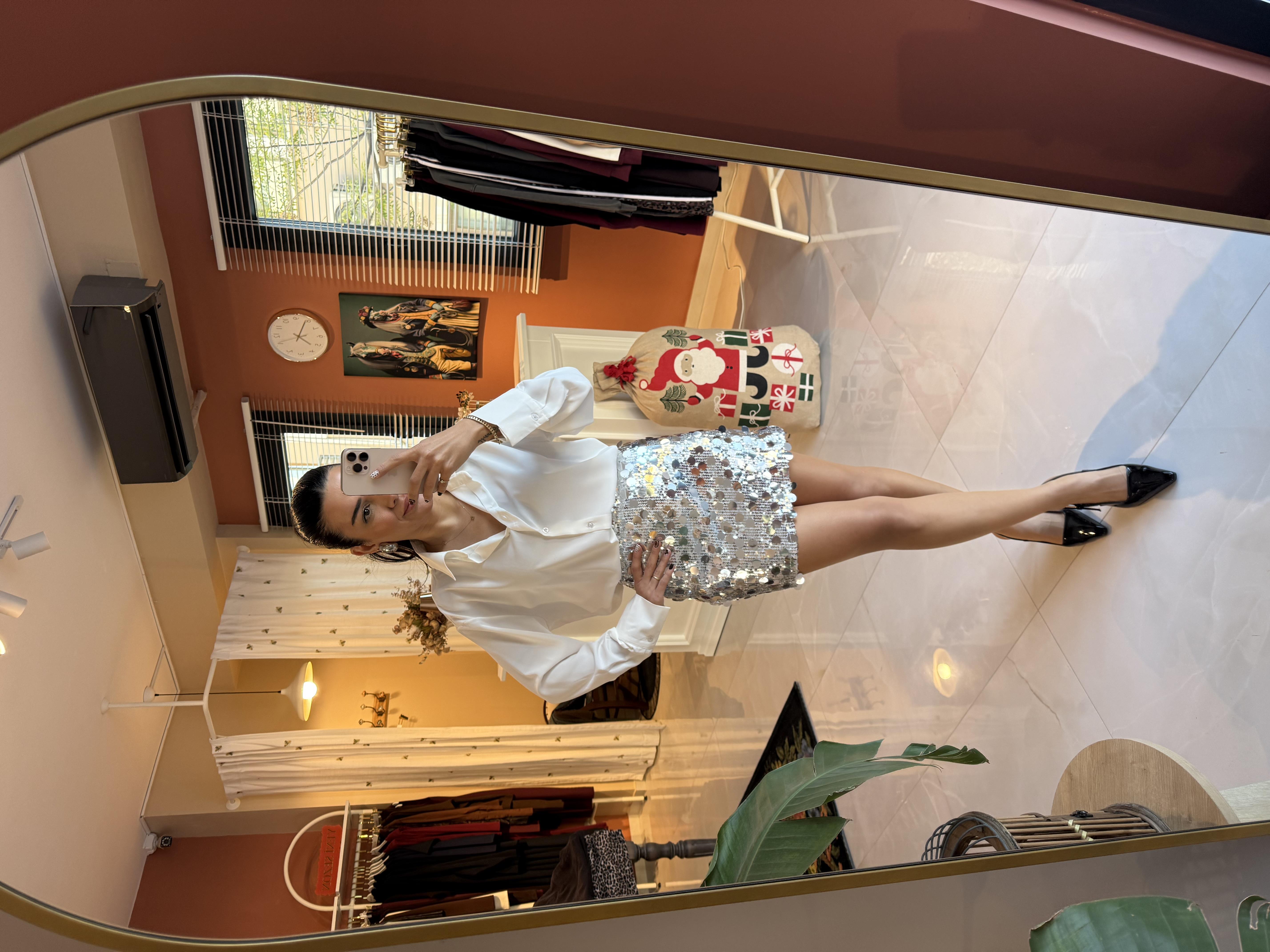 Gümüş Pul Payetli Mini Etek