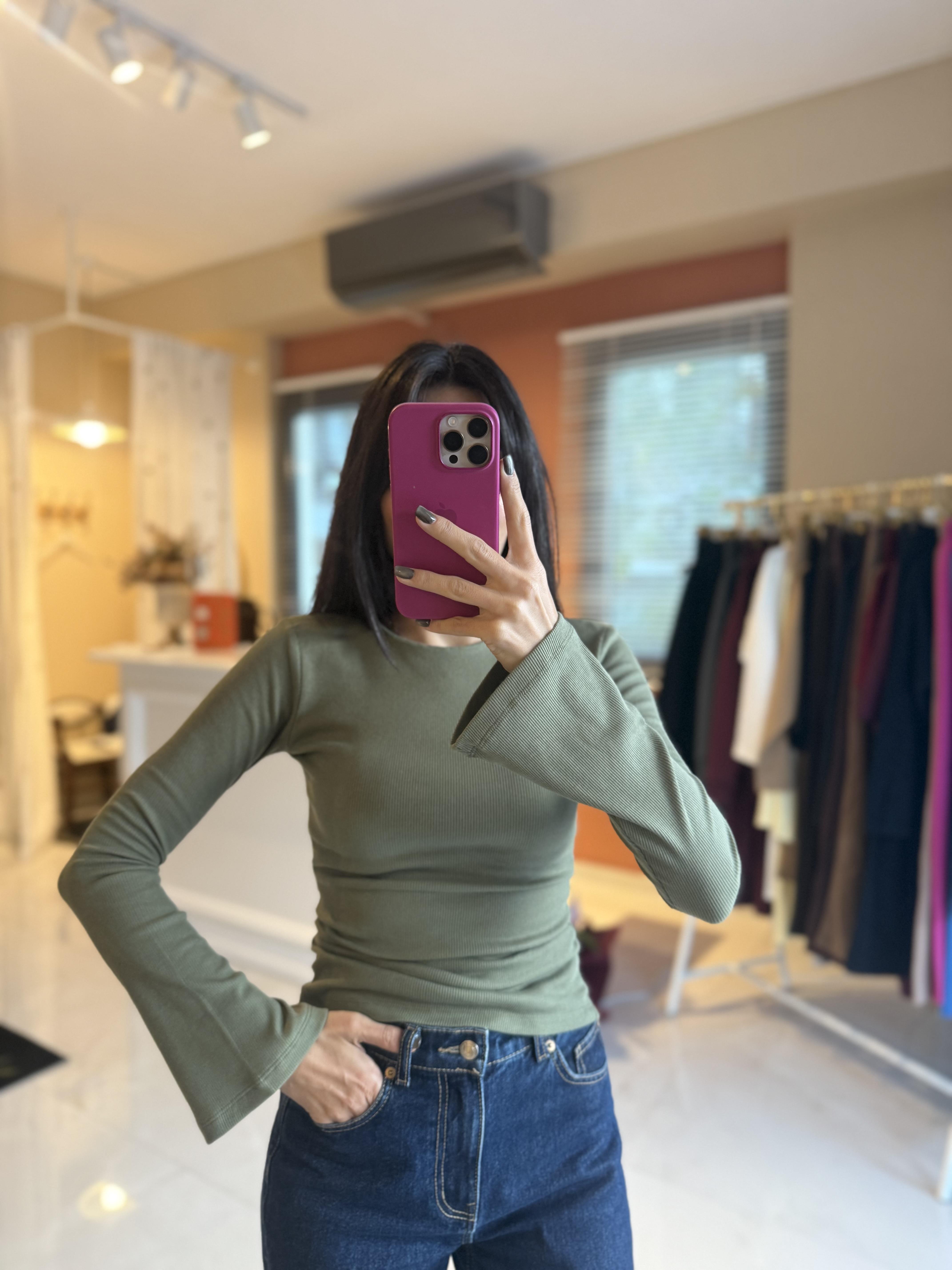 İspanyol Kol Fitilli Haki Tshirt