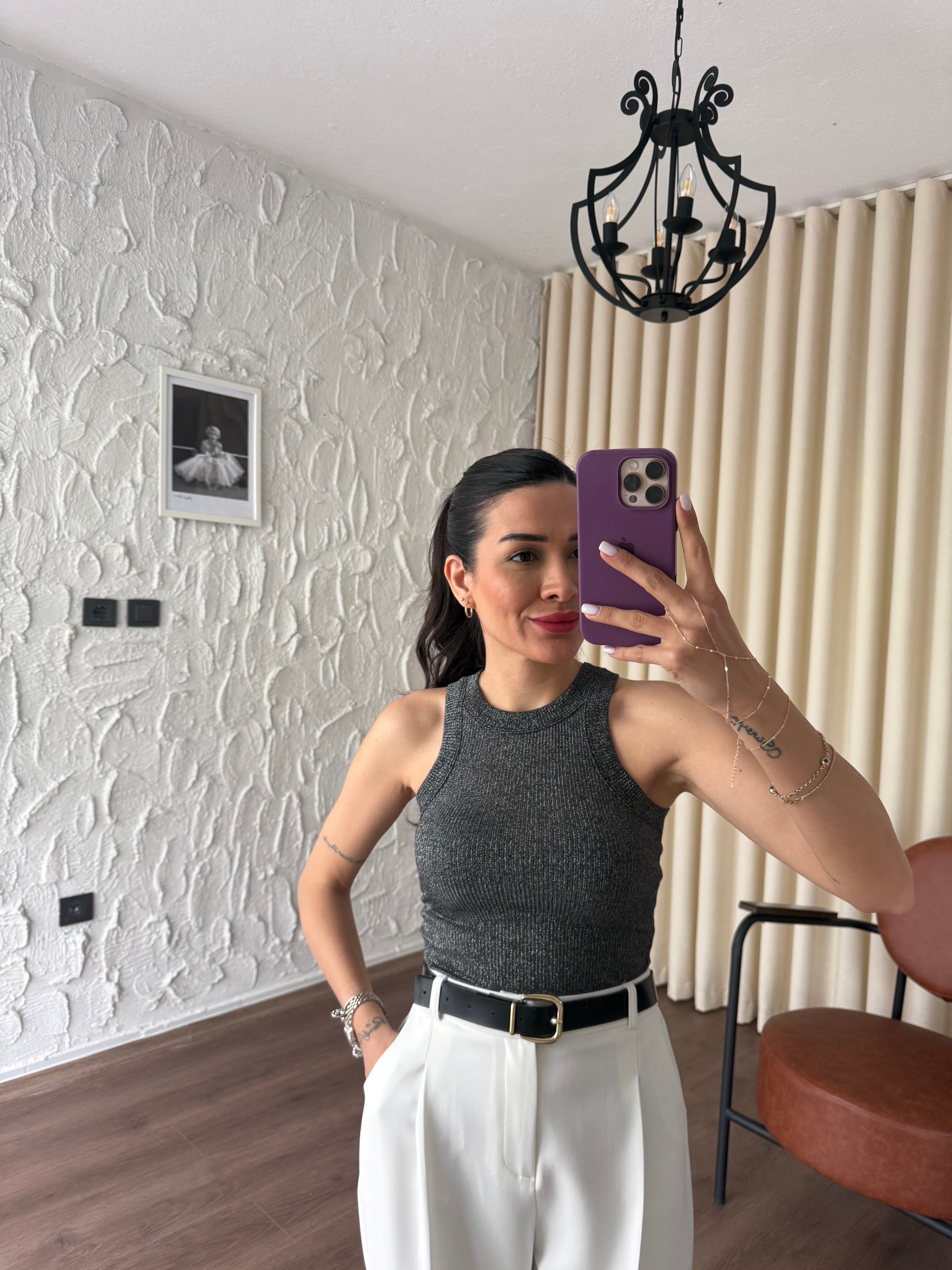 Kalın Biyeli Simli Antrasit Atlet