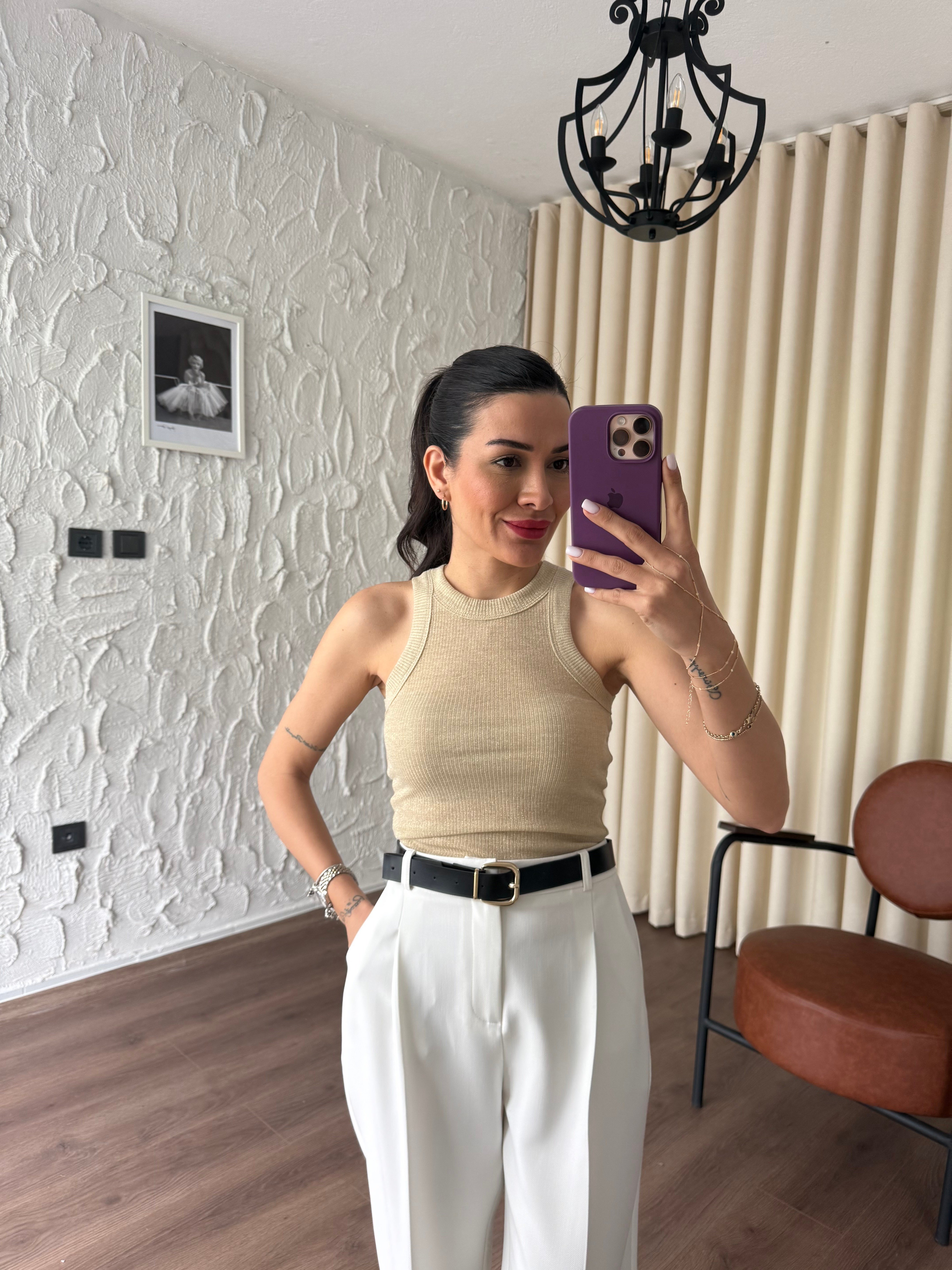 Kalın Biyeli Simli Bej Atlet