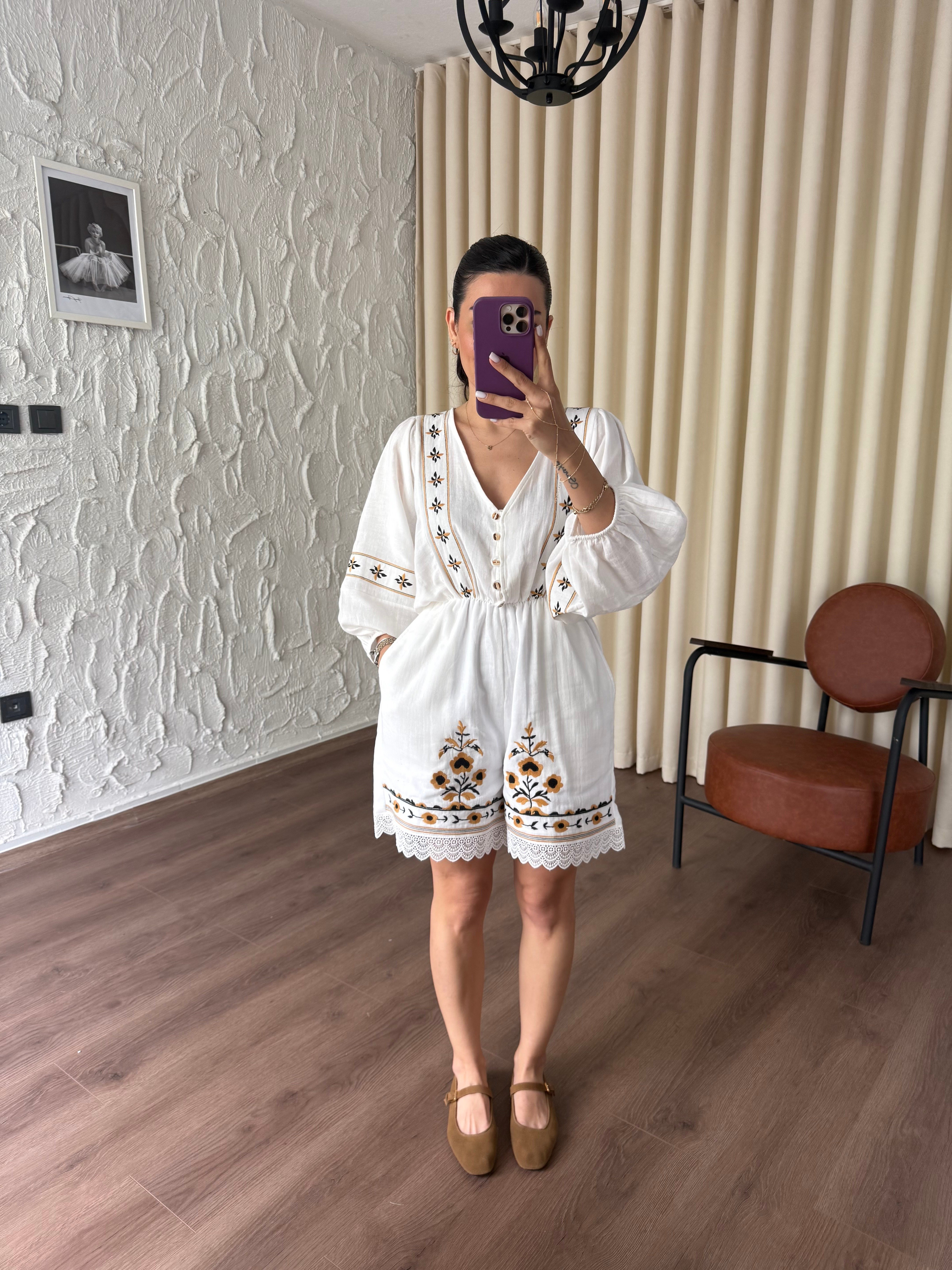 Keten Nakışlı Tulum 